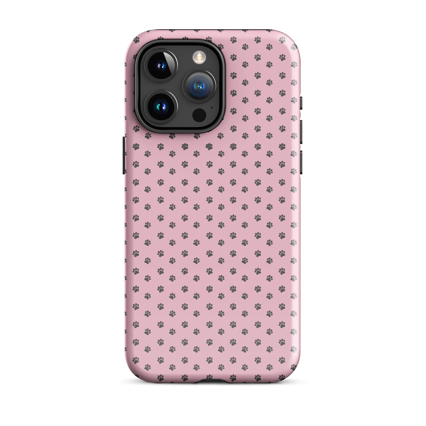 Phone Case featuring pink background with dark gray paw-print pattern for iPhone, combining charm and durability.
