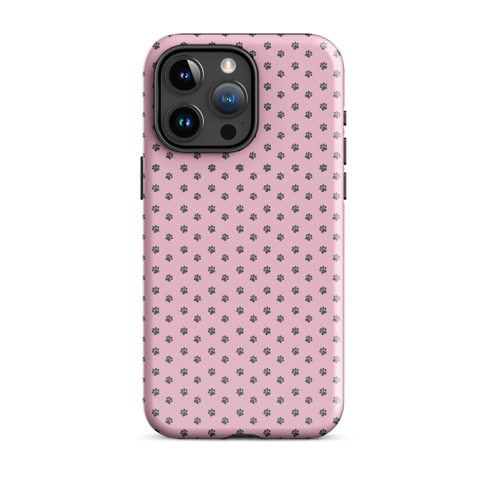 Phone Case featuring pink background with dark gray paw-print pattern for iPhone, combining charm and durability.