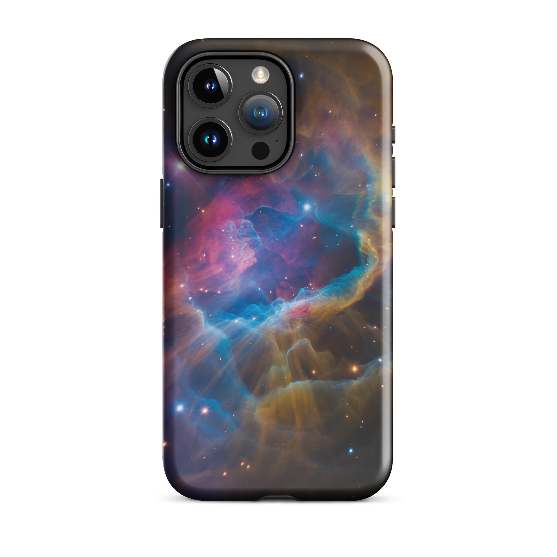 Phone Case for iPhone with Nebula Cosmic Dreamscape design featuring electric blues and fiery oranges, starburst pattern.