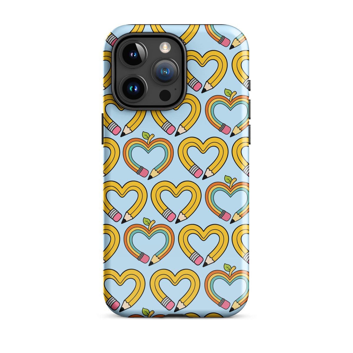 Phone Case of iPhone with playful pencil-heart pattern and green leaves on a blue background, symbolizing creativity and imagination.