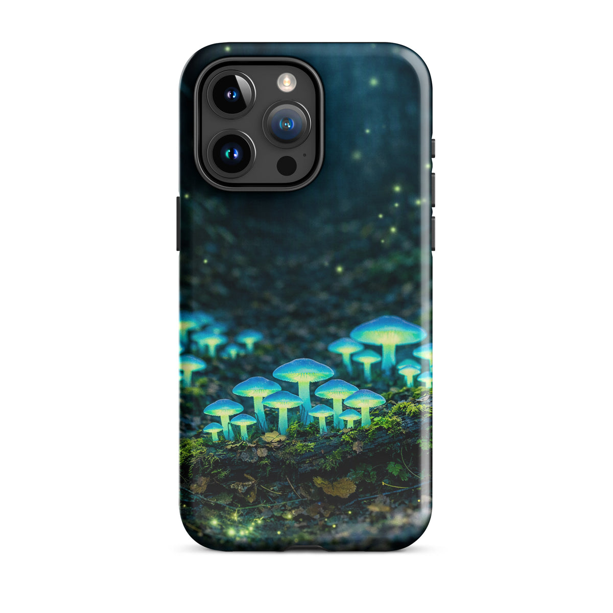 Phone Case featuring glowing forest mushrooms with blue-green luminescence, perfect for iPhone, capturing a mystical woodland scene.