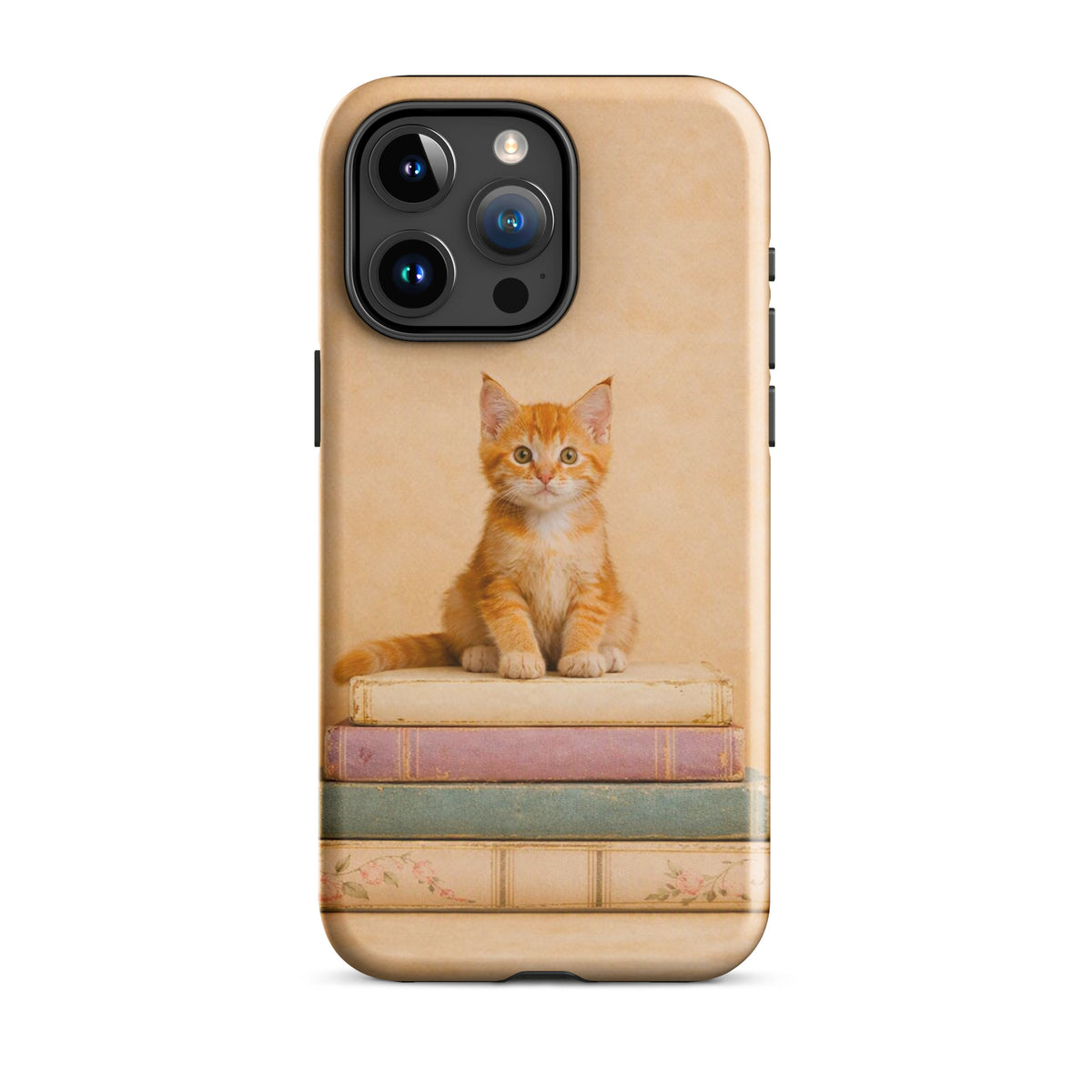 Phone Case for iPhone featuring orange kitten on vintage books, cozy design for cat lovers and book enthusiasts.