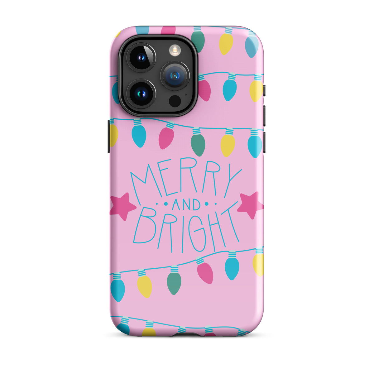 Phone Case for iPhone with Merry and Bright holiday lights on pink background