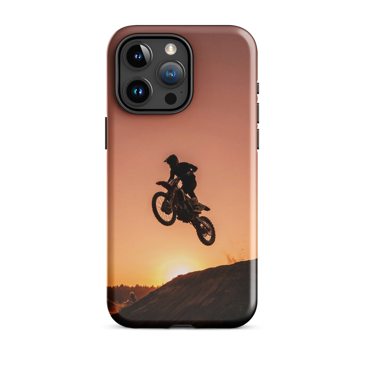 Phone Case featuring motocross sunset dirt bike design with a silhouette jump, ideal for enthusiasts of rugged trails and thrilling rides.