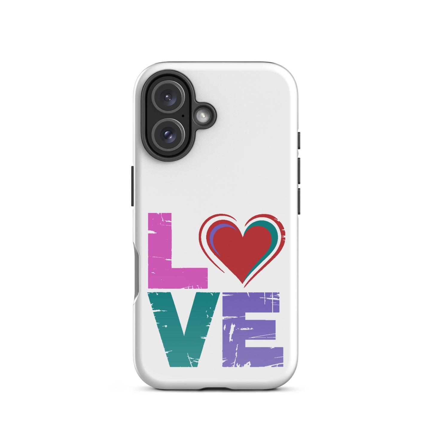 Love Tough Dual Layerd Case for iPhones featuring vibrant design with heart and colorful letters.