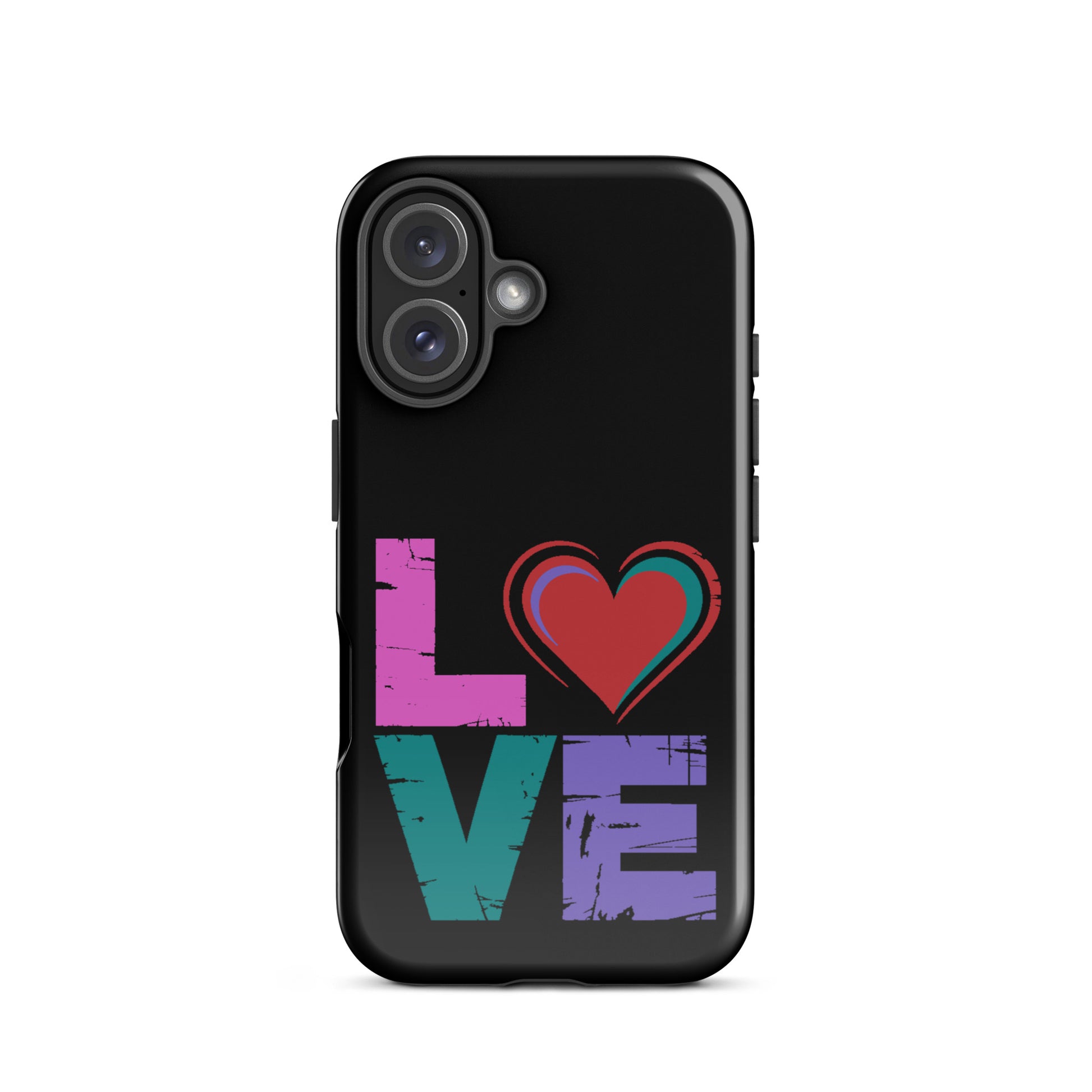 Love Tough Dual Layered Case for iPhones featuring colorful 'LOVE' design with heart.
