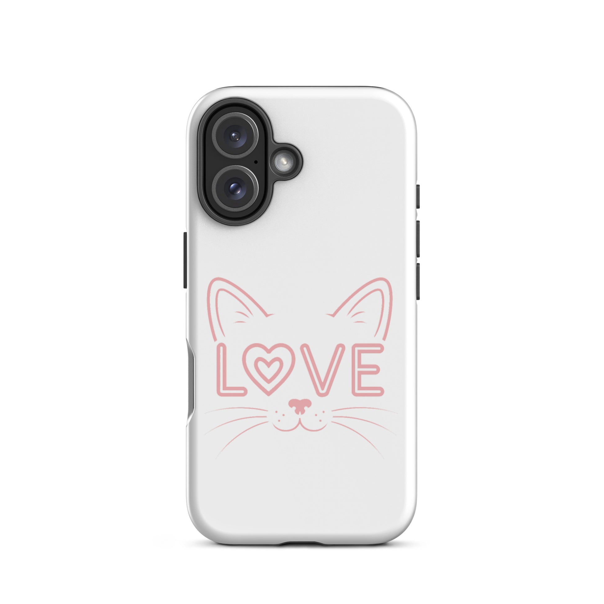 Cat Love phone case for iPhone with minimalist cat face design and love in place of an eye.