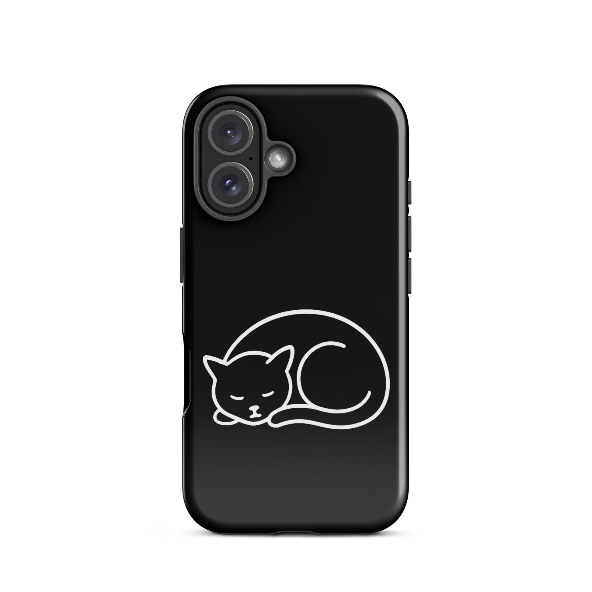 Phone case for iPhone featuring a minimalist curled-up cat design on a sleek black background.