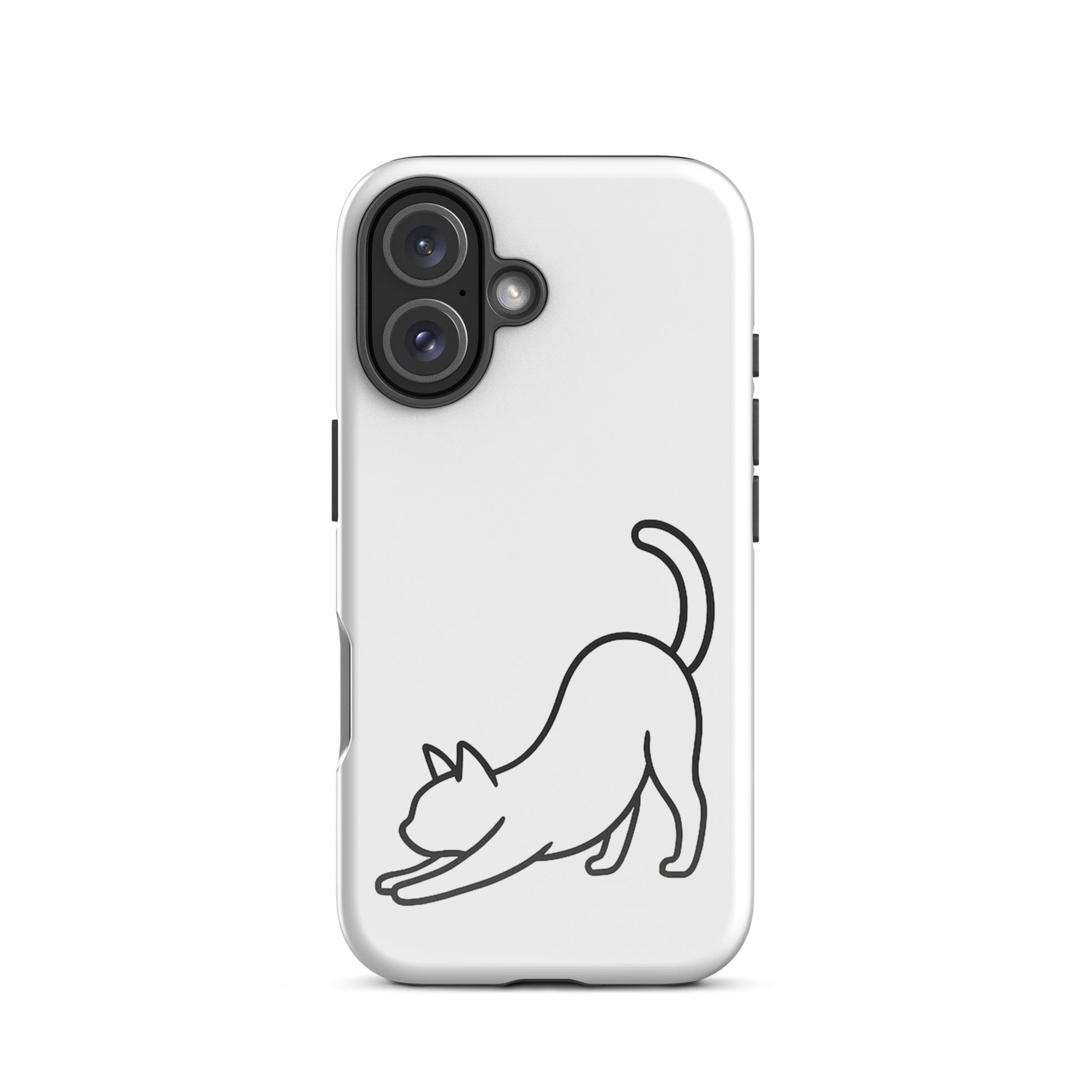 Phone Case featuring a minimalist design of a stretching cat on a sleek white background.