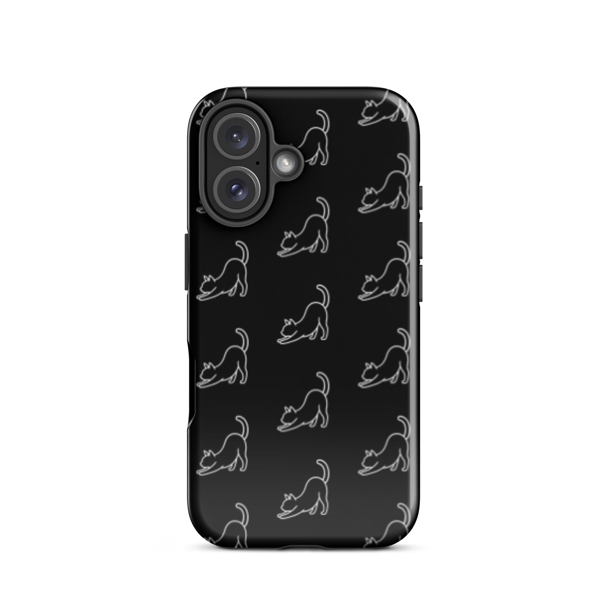 Phone Case featuring a minimalist stretching cat pattern on a sleek black background.