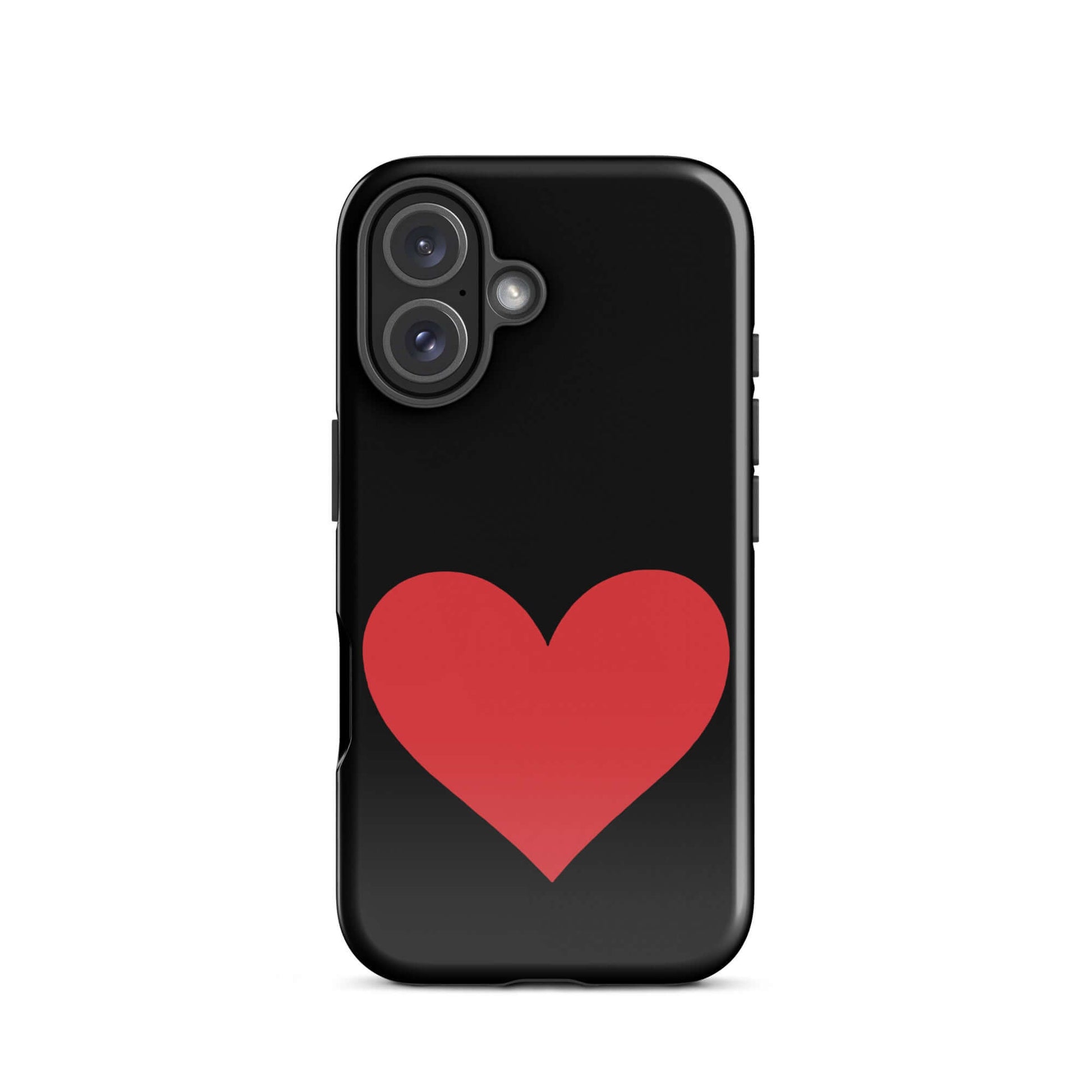 Phone Case for iPhone with a vibrant red heart design on a black background.