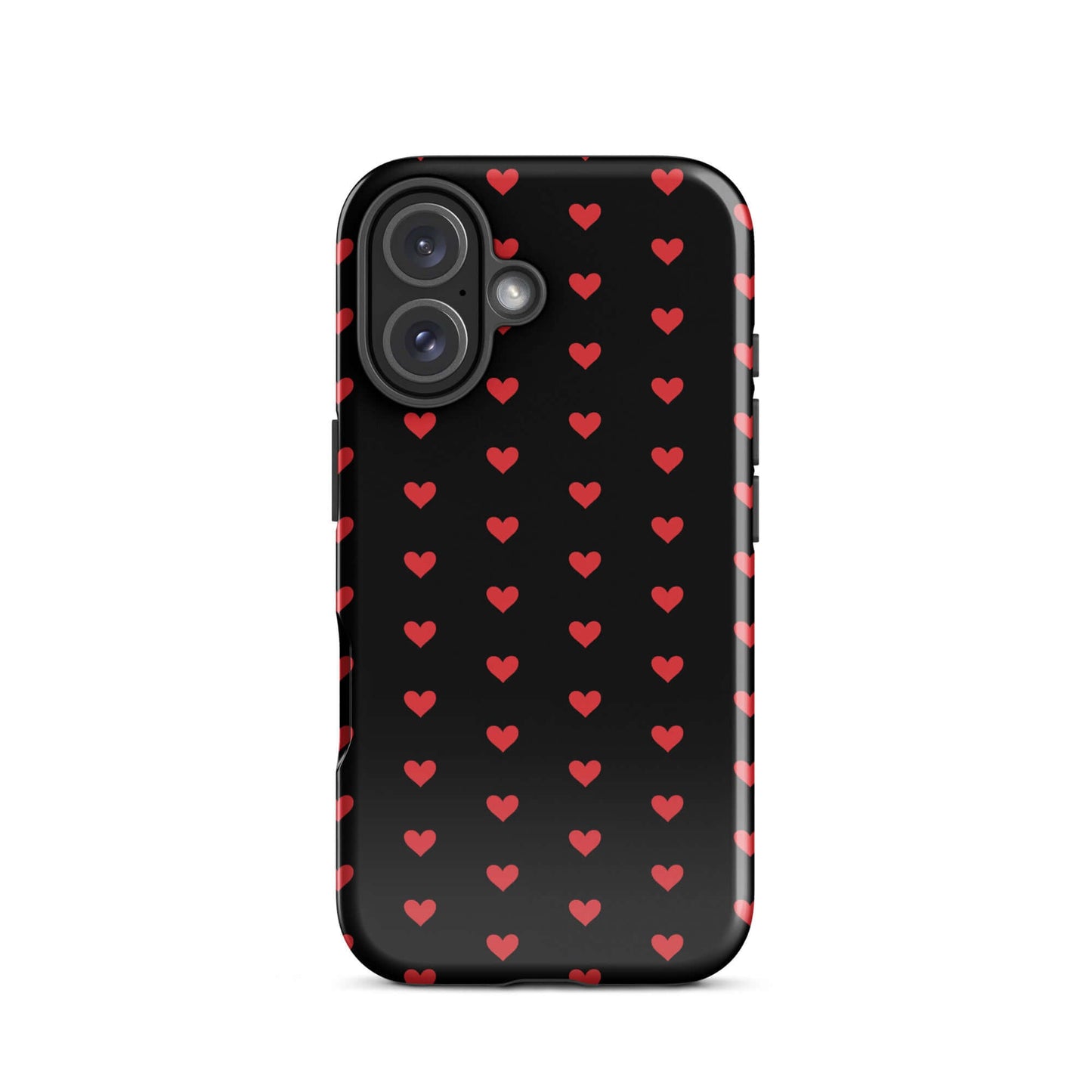 Phone Case for iPhone featuring a pattern of fiery red hearts on a black background.