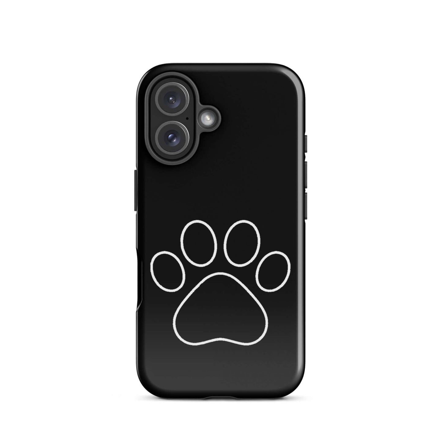 Phone Case for iPhone featuring a minimalist white paw print on a sleek black background.