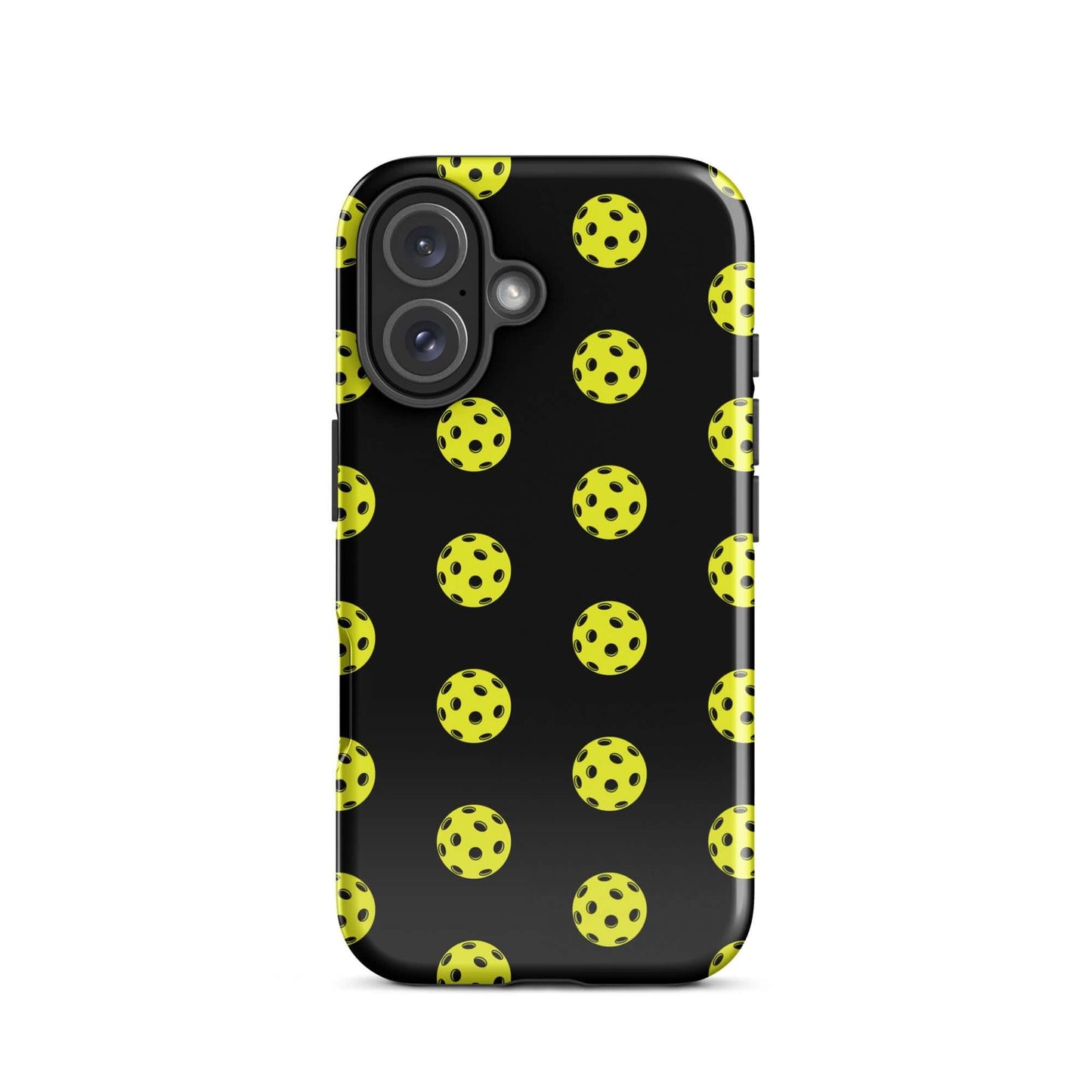Phone Case for iPhone with bold pickleball pattern on a black background, perfect for sports enthusiasts.