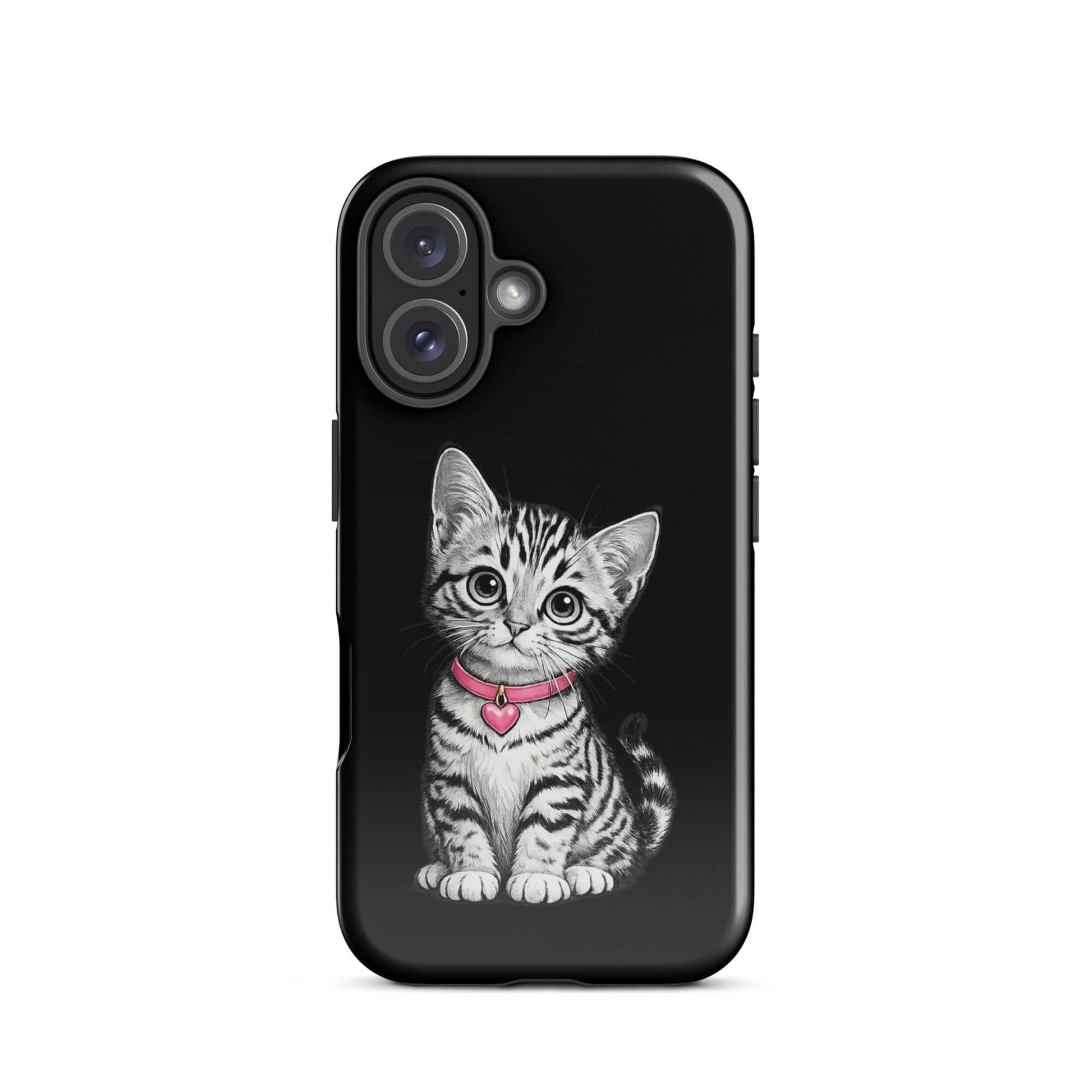 Phone Case featuring pencil sketch kitten with pink heart charm on a black background.