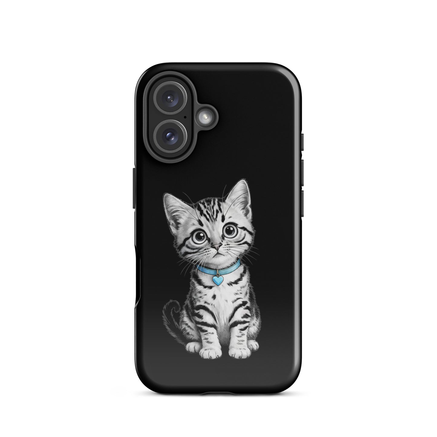 Phone Case for iPhone with kitten sketch and blue heart charm, black and white design, premium protection for your device.