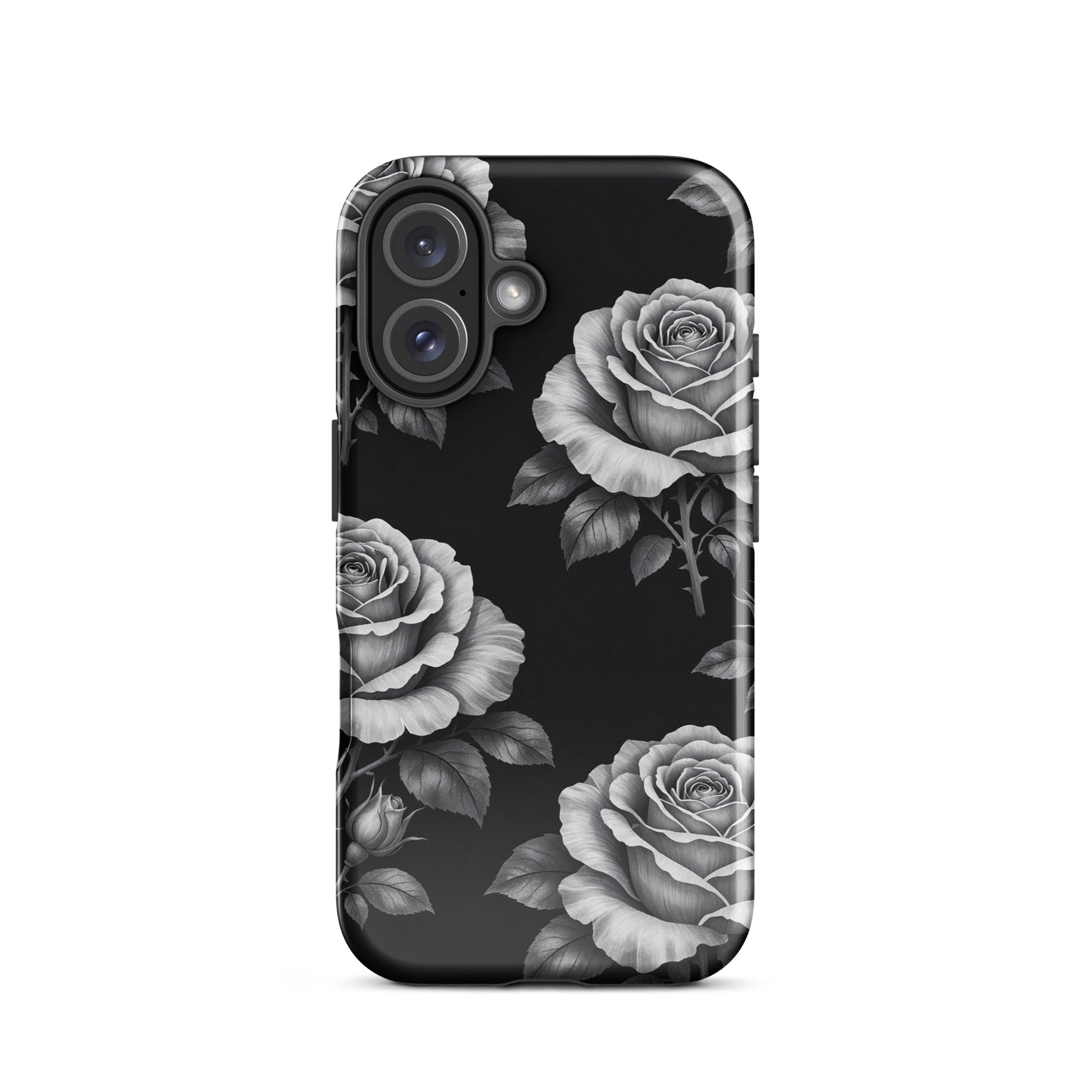 Phone Case with rose garden design for iPhone featuring hand-sketched floral pattern on black background, stylish and protective.