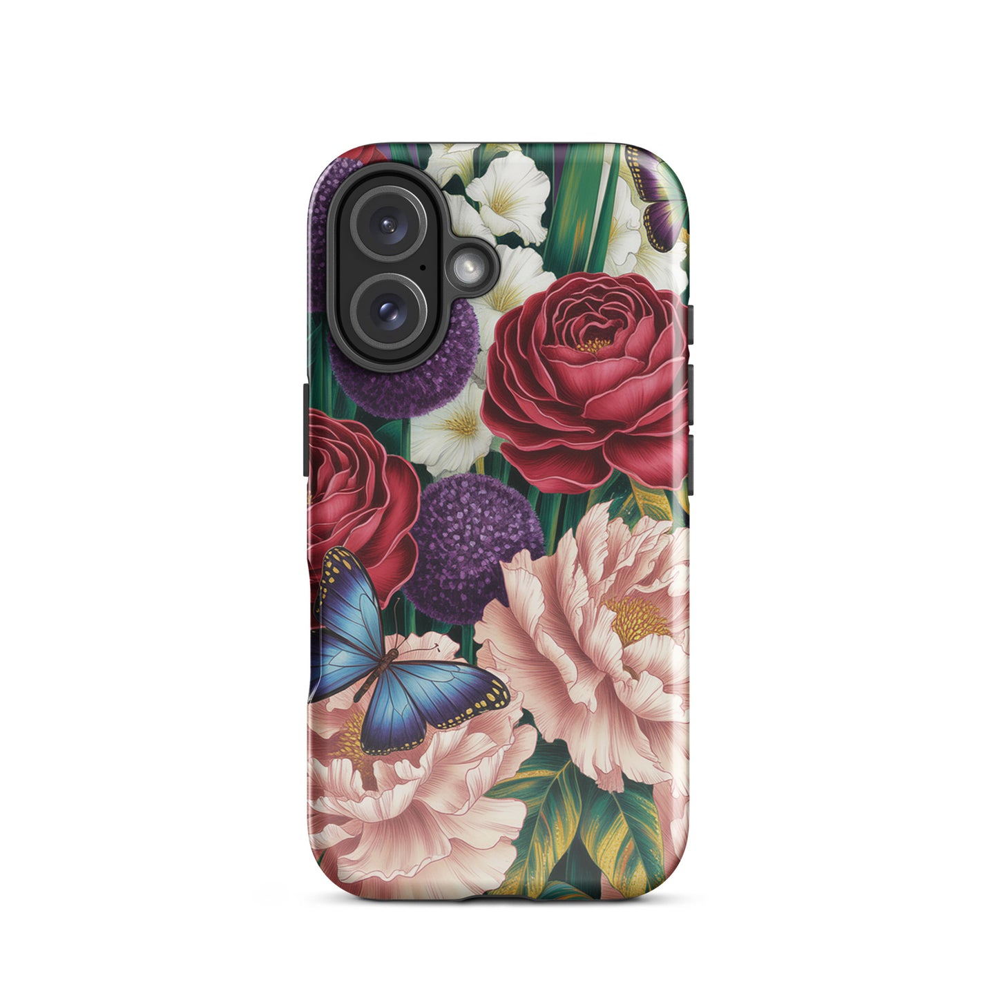 Phone Case featuring blooming garden with crimson roses, pink peonies, purple alliums, emerald foliage, and blue butterfly design for iPhone.