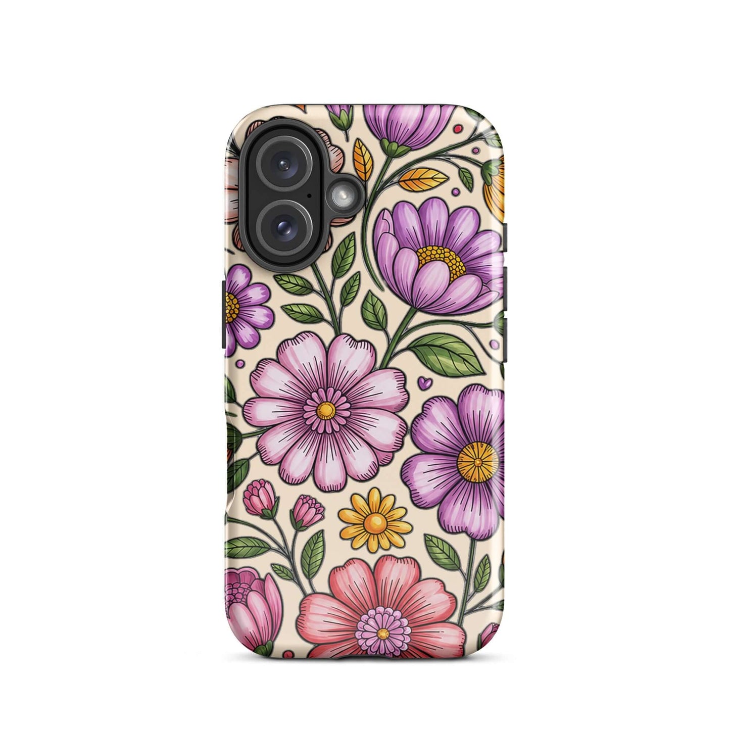 Phone Case for iPhone with pastel floral design, featuring soft pinks, peaches, lavenders, and yellows on a durable dual-layer shell.