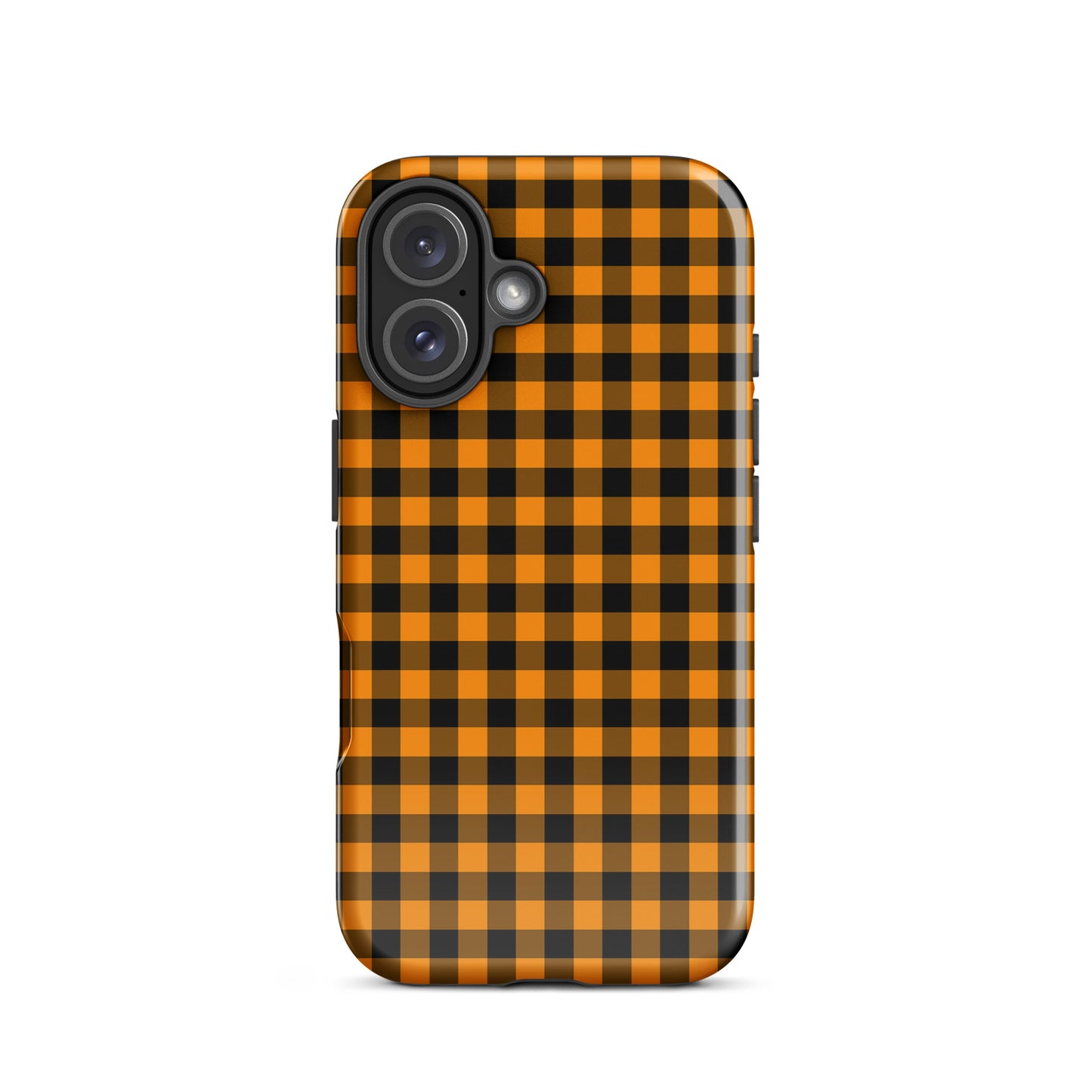 Black-and-orange gingham phone case for iPhone with autumn theme, stylish and durable design.