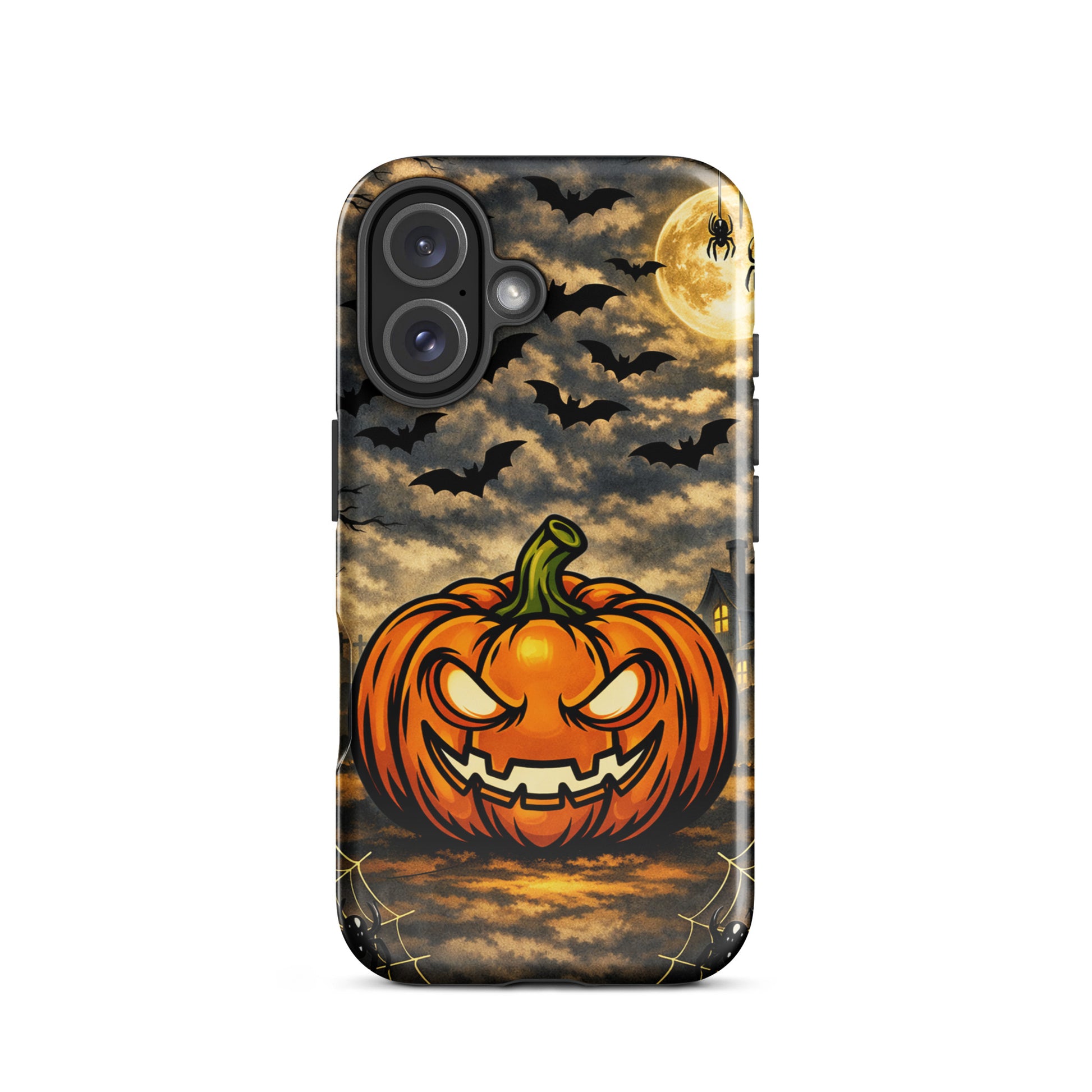 Phone Case featuring Halloween scene with jack-o-lantern, bats, moonlit clouds, and haunted house, perfect for iPhone.