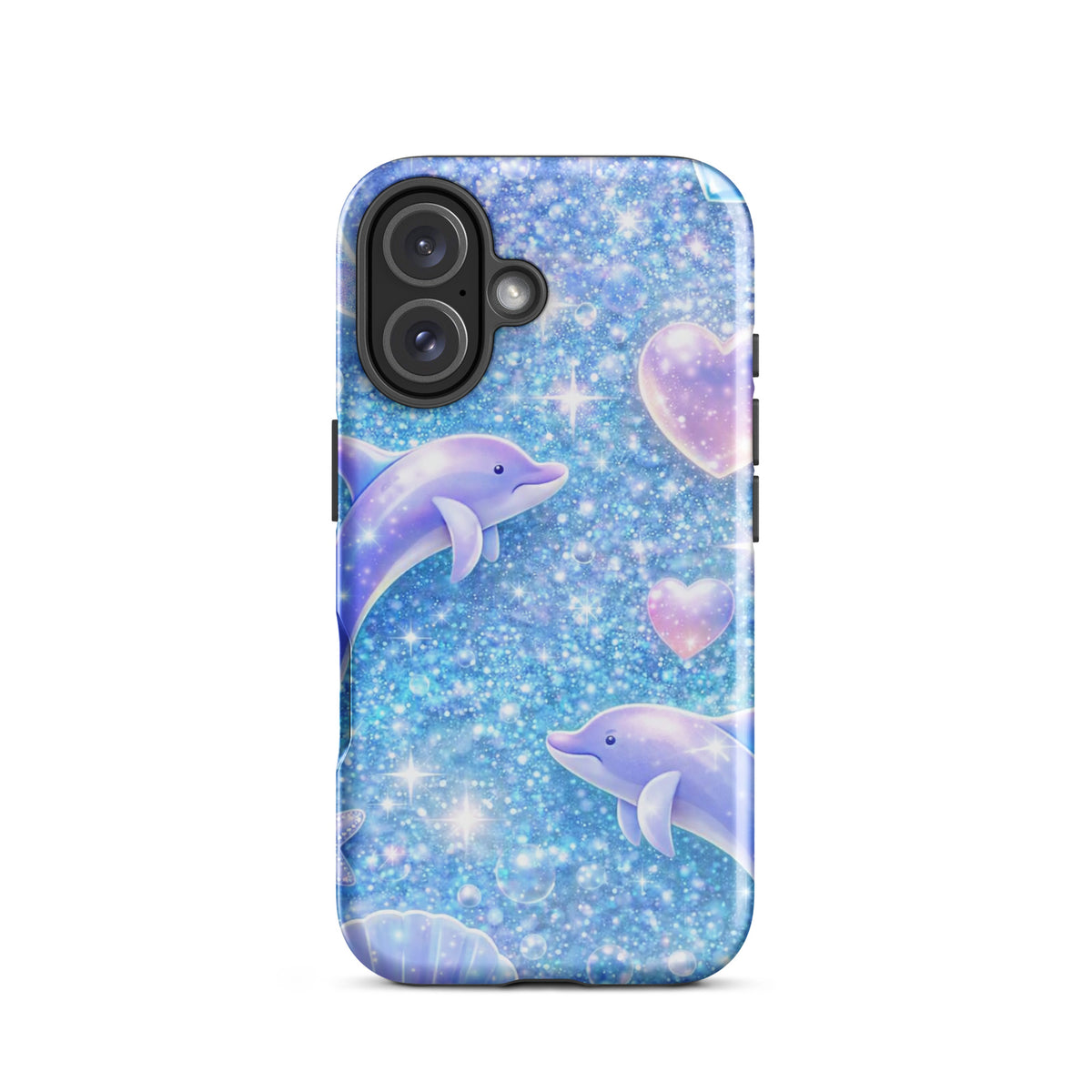 Phone Case for iPhone with ocean glitter design featuring dolphins, moons, and shells, creating a dreamy and sparkling underwater scene.