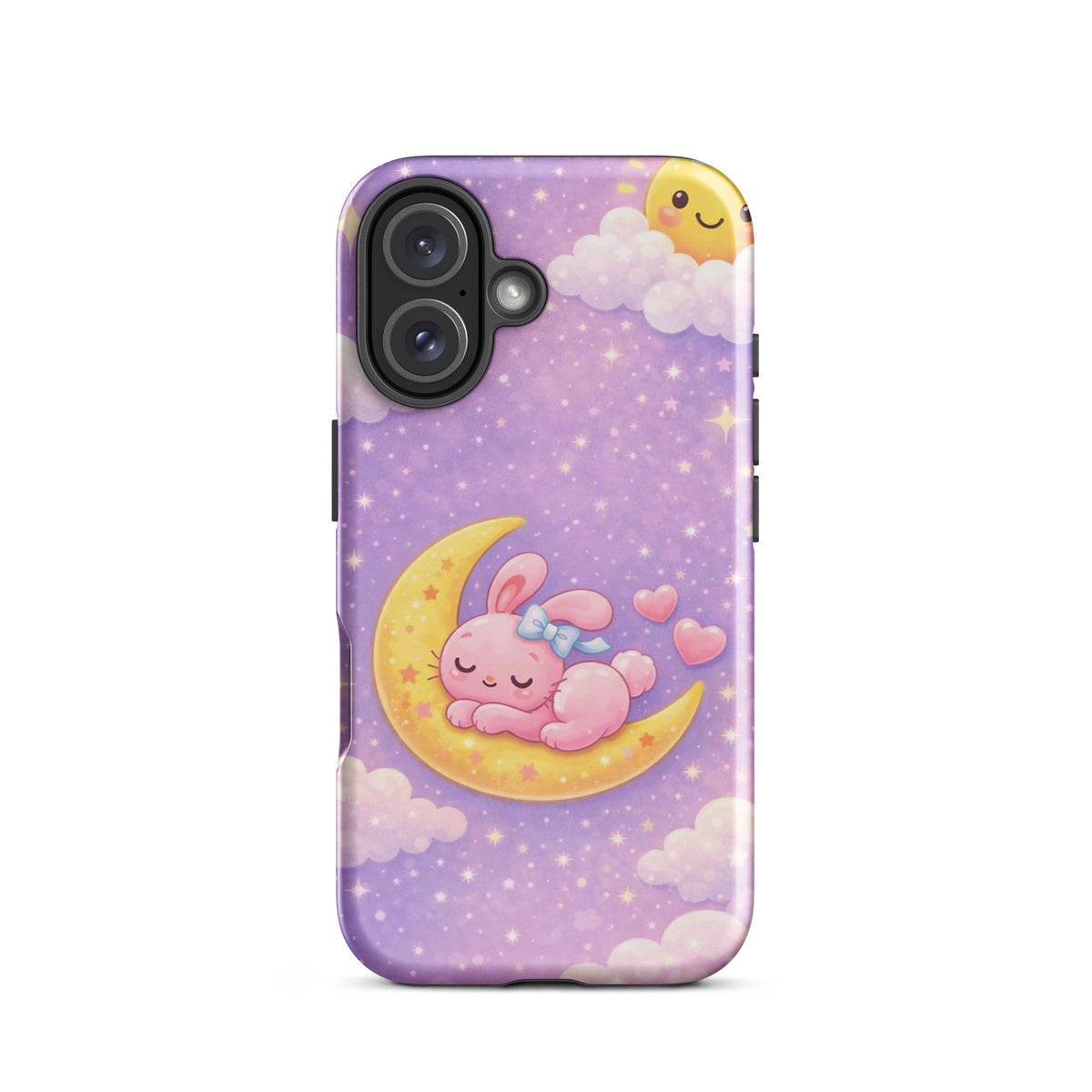 Phone Case for iPhone with dreamy bunny moon design, featuring a pink bunny sleeping on a crescent moon in a pastel sky with stars.
