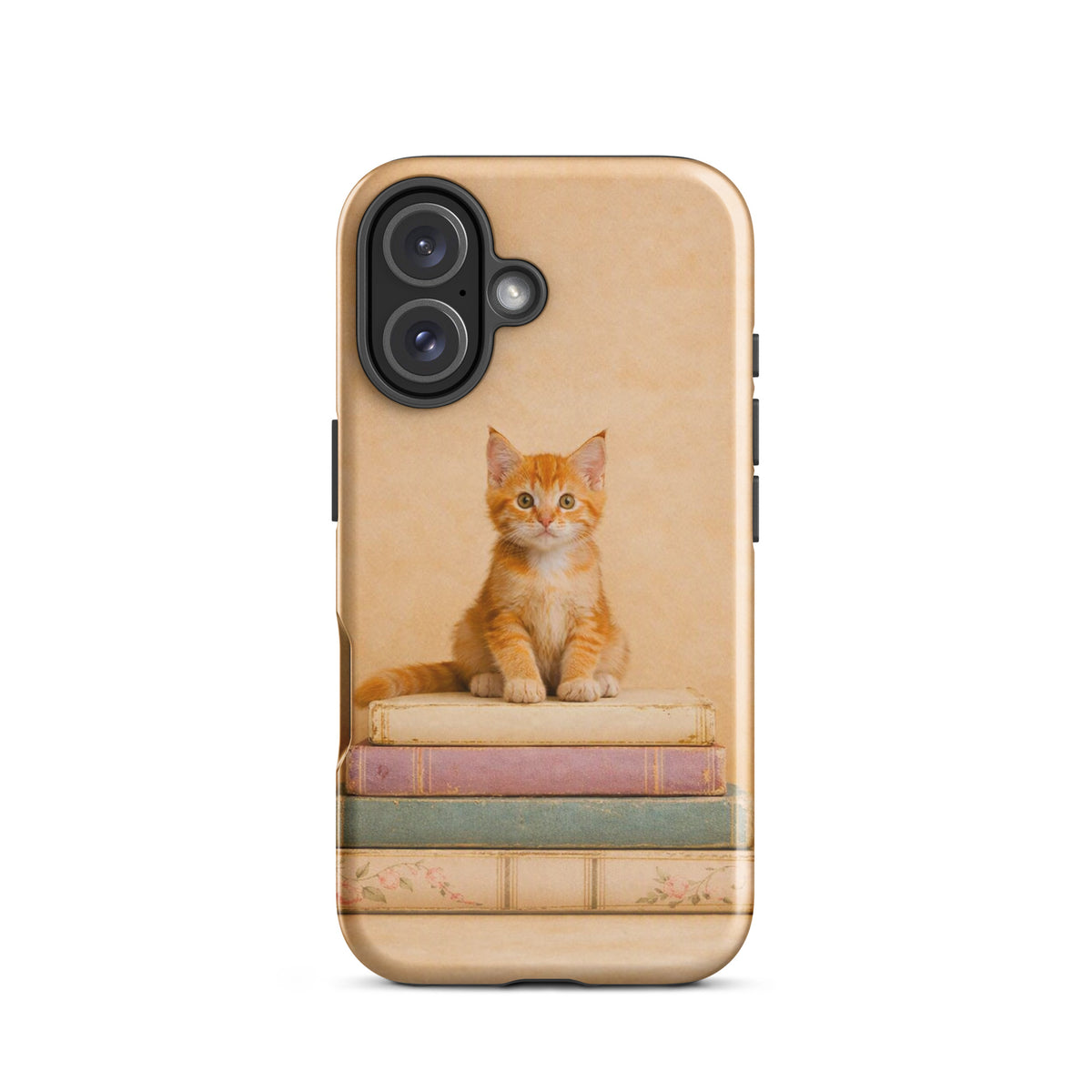 Phone Case for iPhone with cozy kitten and vintage books design, featuring orange tabby on pastel books for a charming look.