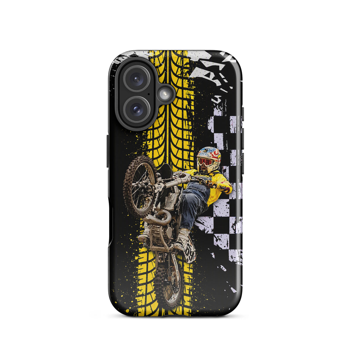 Phone Case for iPhone featuring Ronnie Mac air-wheelie design with black, white, yellow pattern and checkered accents.