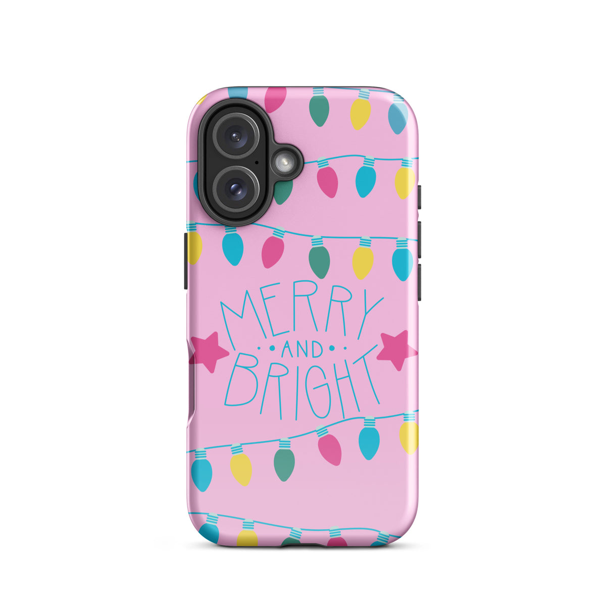 Phone Case with 'Merry and Bright' holiday lights design, featuring colorful bulbs and stars on a pink background, fits iPhone.