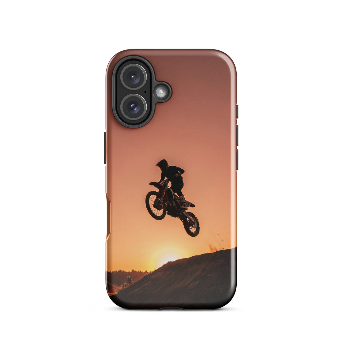 Phone Case for iPhone with motocross sunset dirt bike design, featuring a rider silhouetted against a dramatic orange and black sunset.
