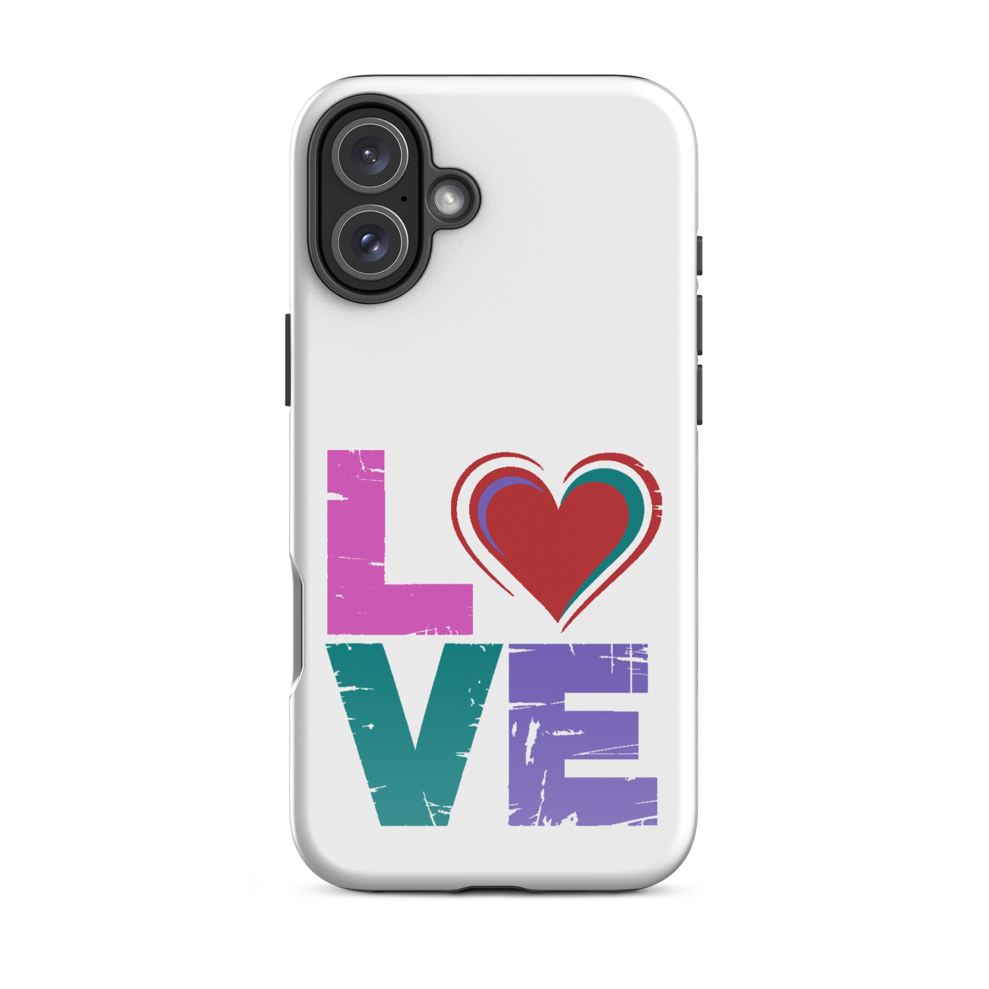 Love Tough Dual Layerd Case for iPhones featuring colorful 'LOVE' design with heart.