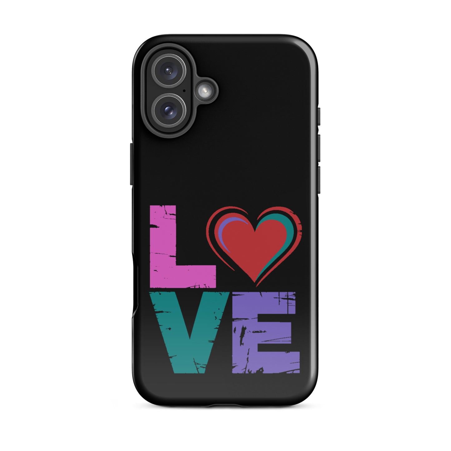 Love Tough Dual Layered Case for iPhones featuring colorful design with heart and word 'love'.