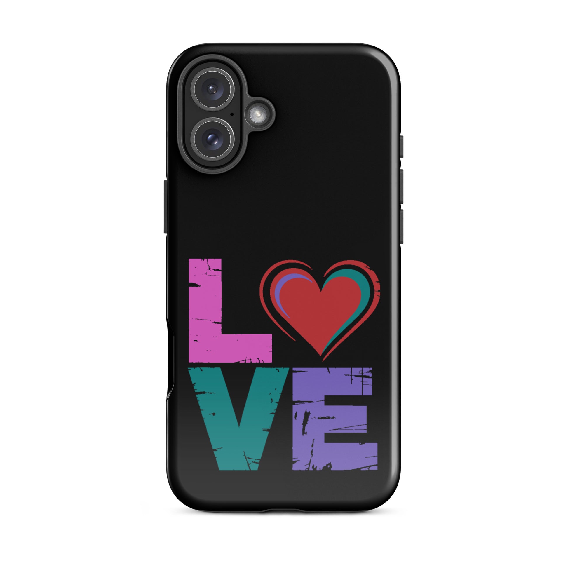 Love Tough Dual Layered Case for iPhones featuring colorful design with heart and word 'love'.