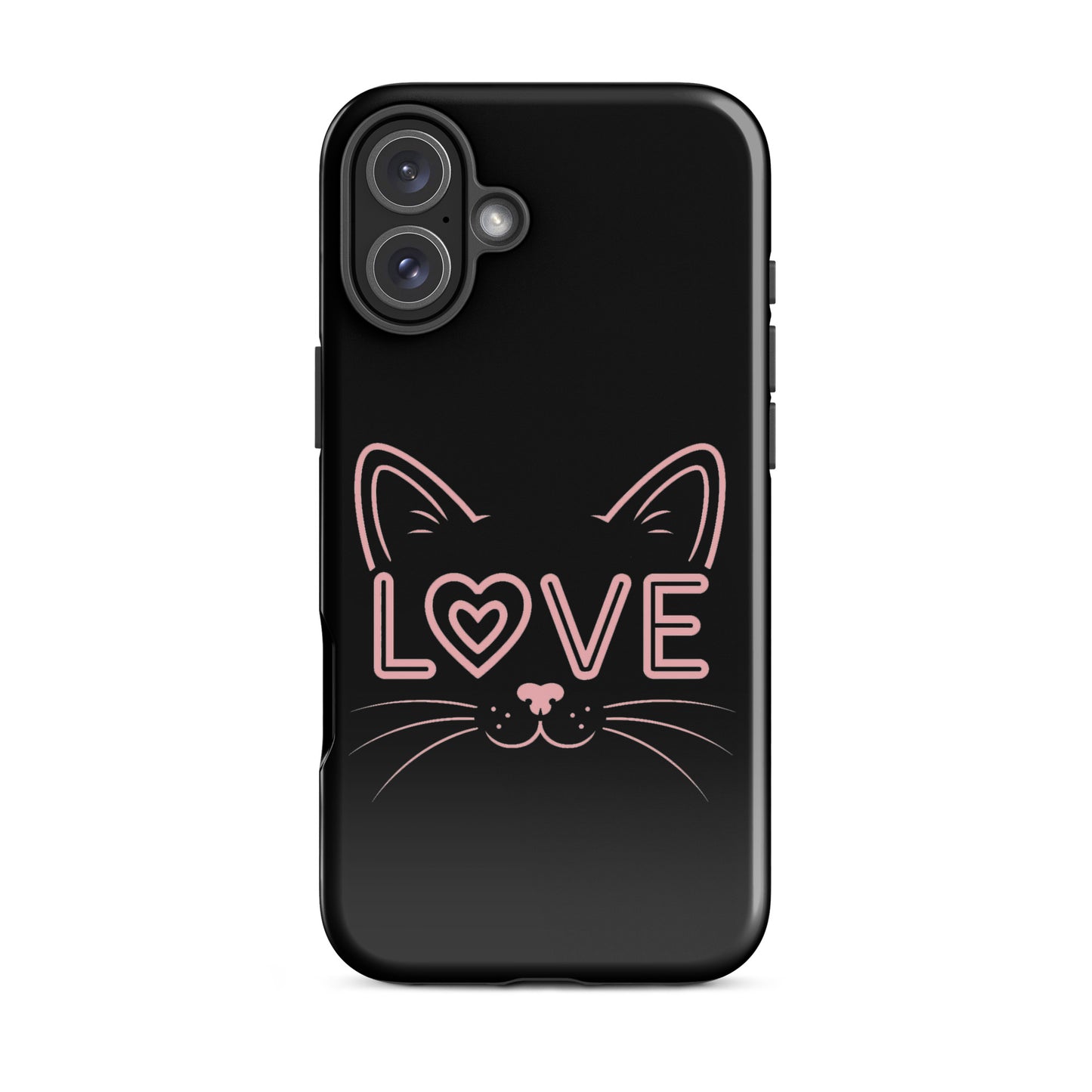 Cat Love phone case featuring a minimalist cat face and the word 'LOVE' in pink accents.