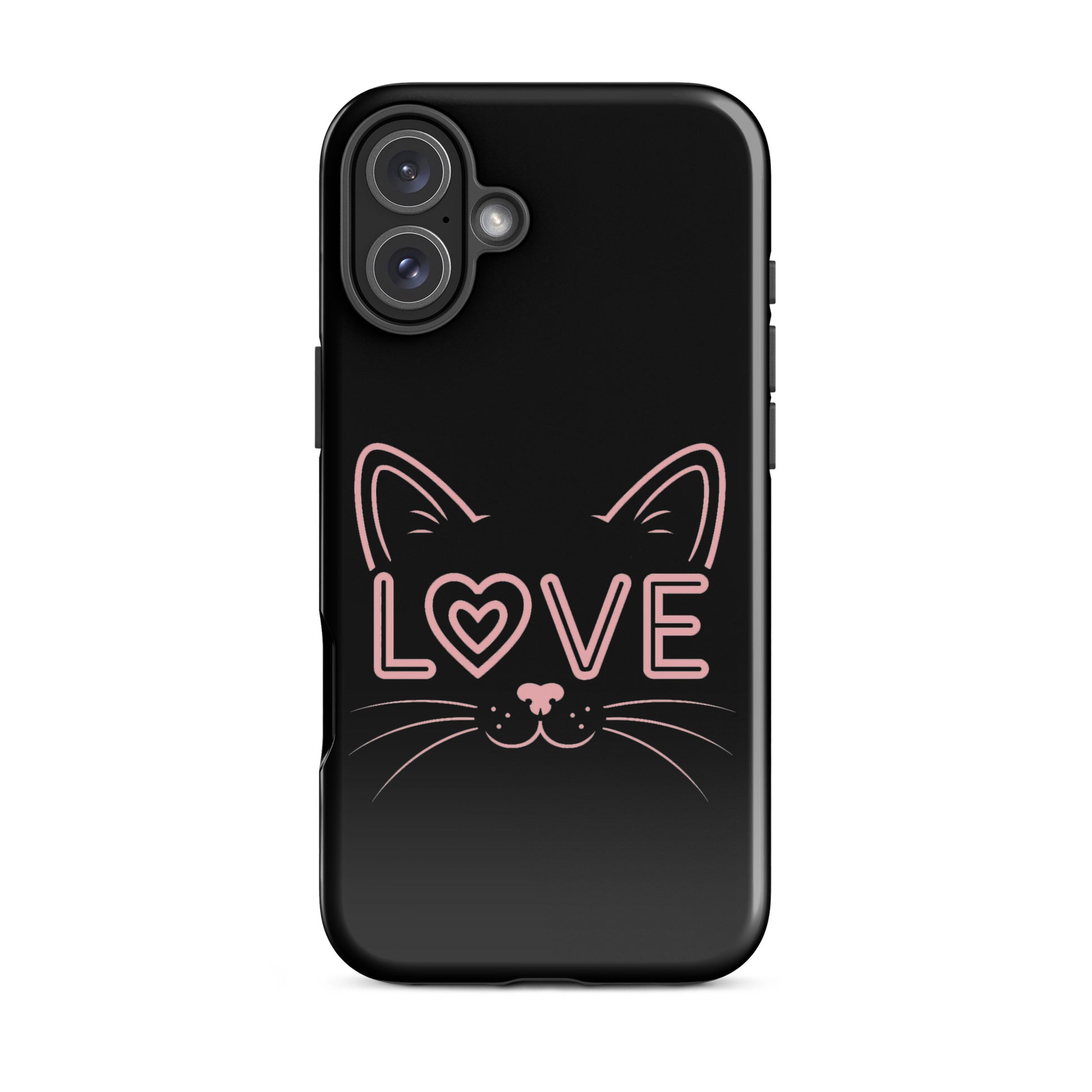 Cat Love phone case featuring a minimalist cat face and the word 'LOVE' in pink accents.