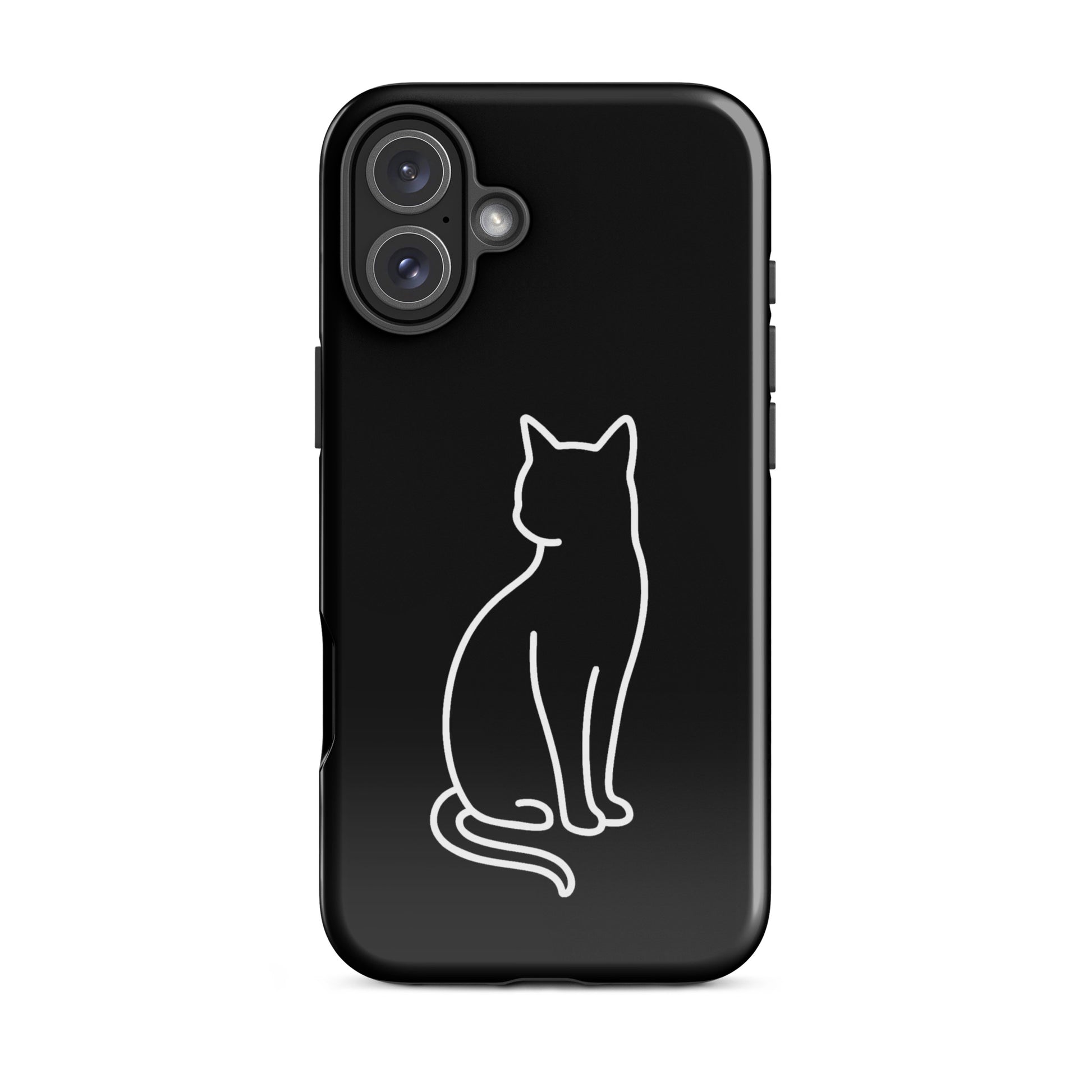 Phone Case for iPhone with minimalist white cat design on a sleek black background.
