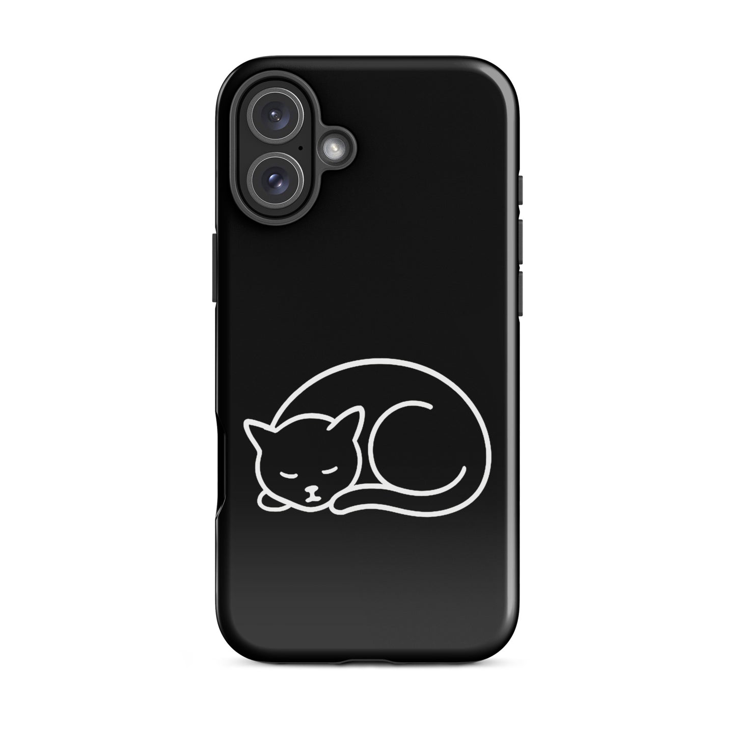 Phone case featuring a minimalist curled-up cat design in white on a black background.