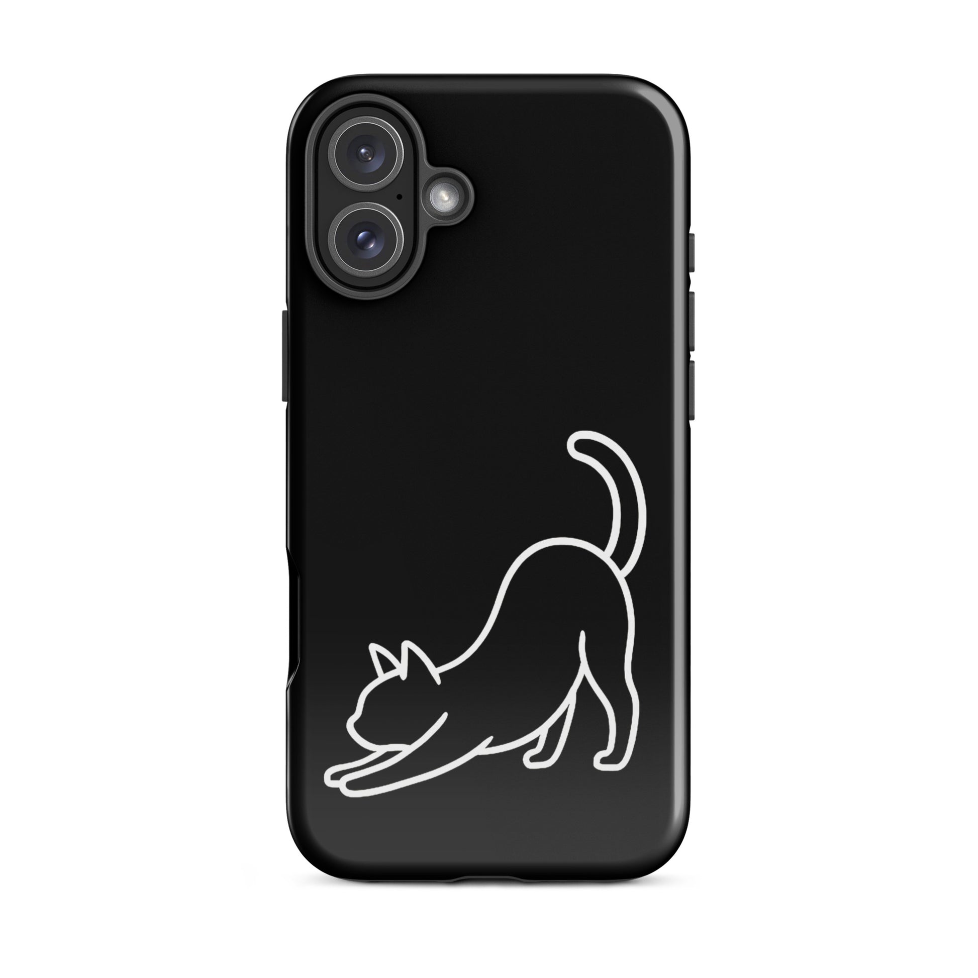 Phone Case featuring a minimalist stretching cat design on a black dual-layer protective cover.