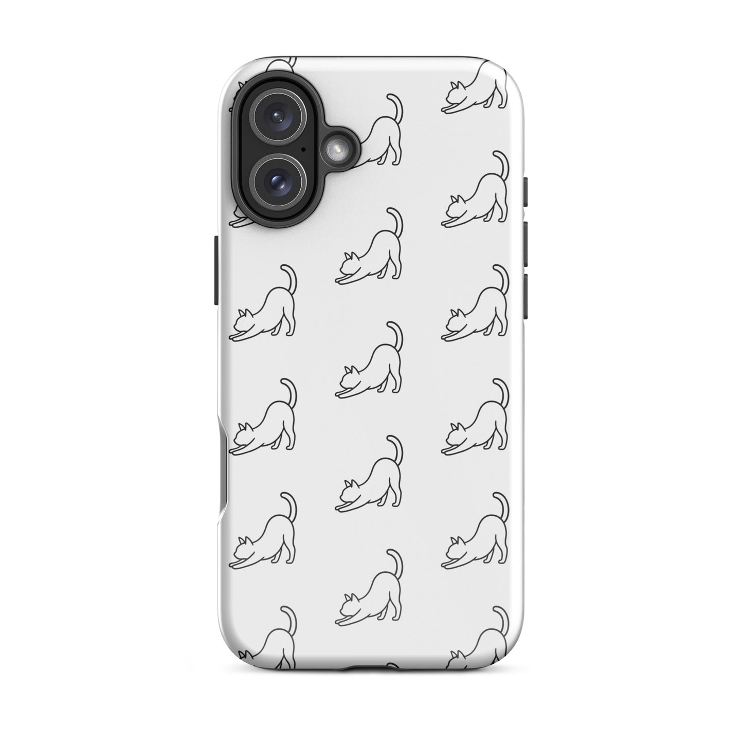 Phone Case for iPhone featuring a minimalist stretching cat pattern in black and white.