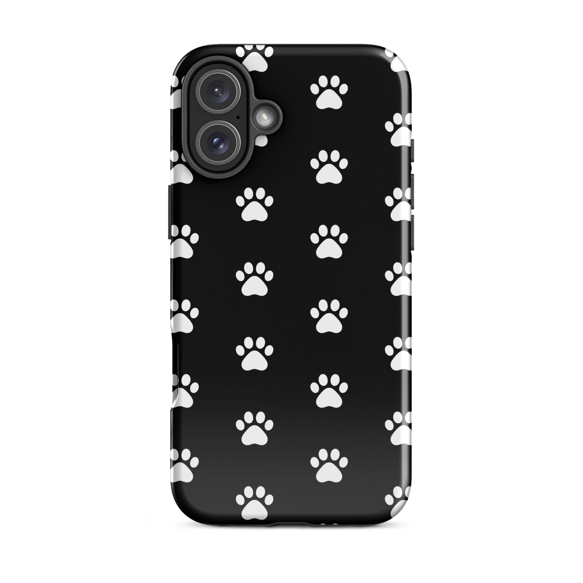 Phone Case for iPhone with stylish paw print design on a sleek black background, perfect for pet lovers.