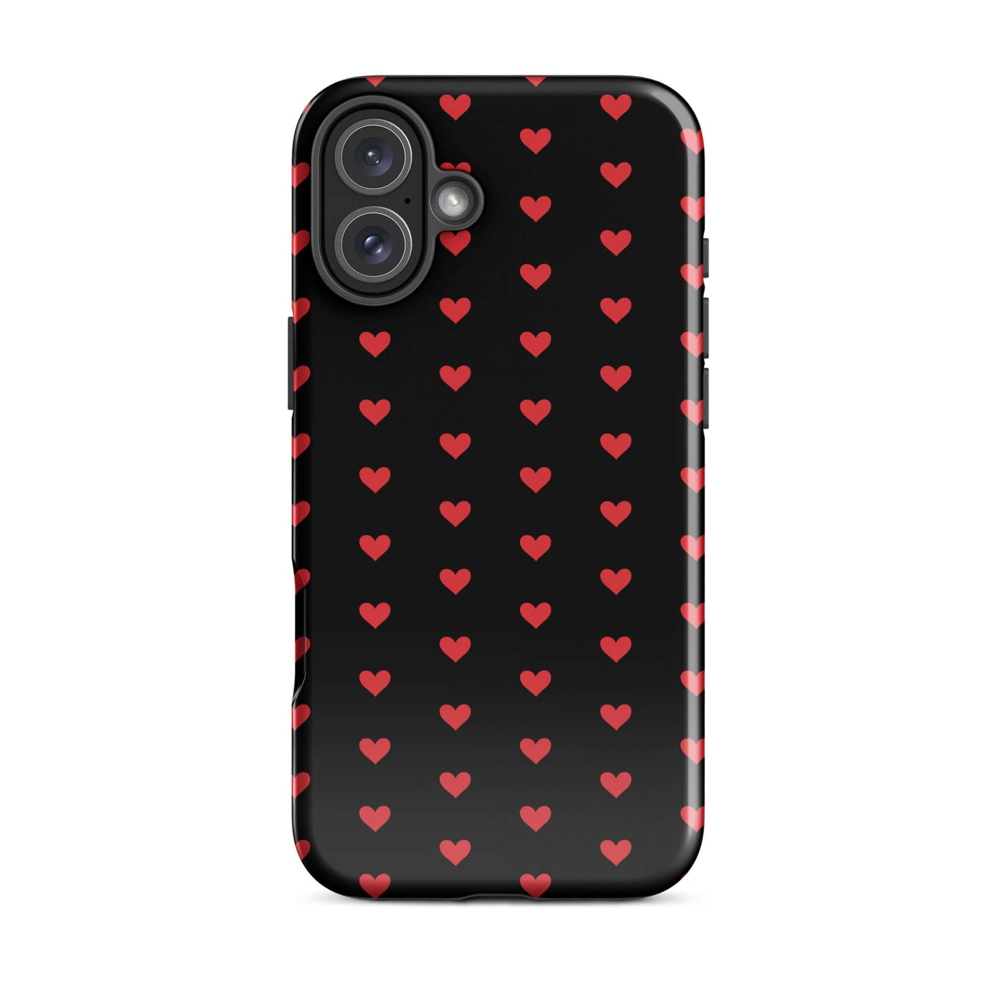 Phone Case for iPhone featuring a pattern of fiery red hearts on a black background, blending style and protection.