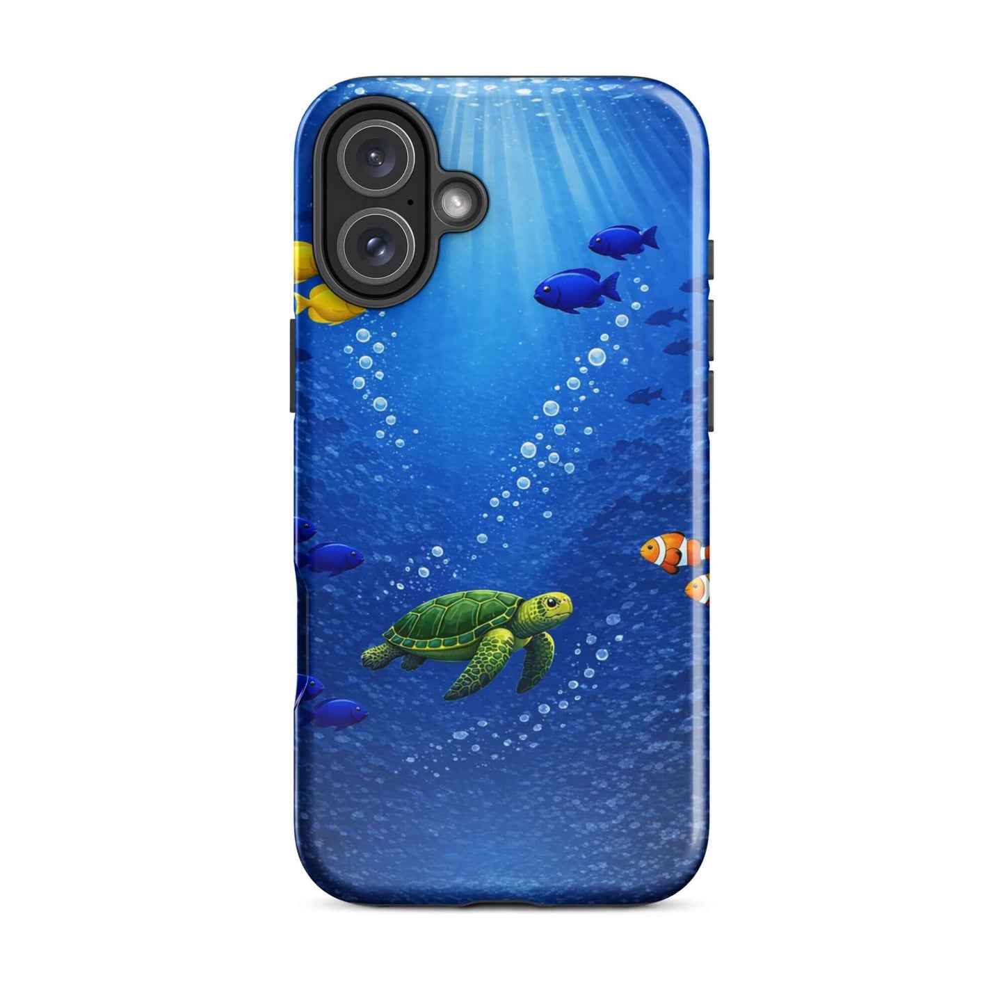 Phone Case showcasing a vibrant sea turtle and tropical fish in deep blue ocean design.