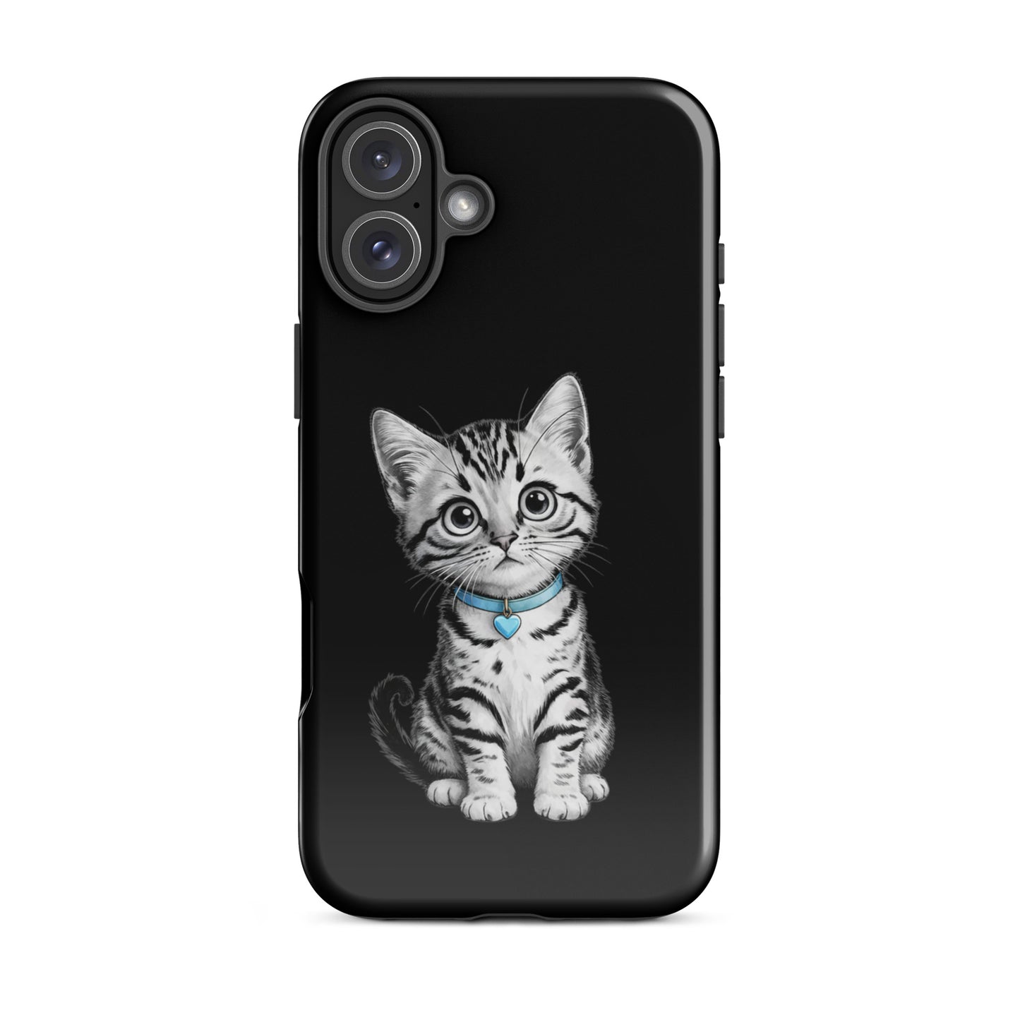 Phone Case for iPhone with kitten sketch and blue heart charm, black and white artistic design for stylish protection.