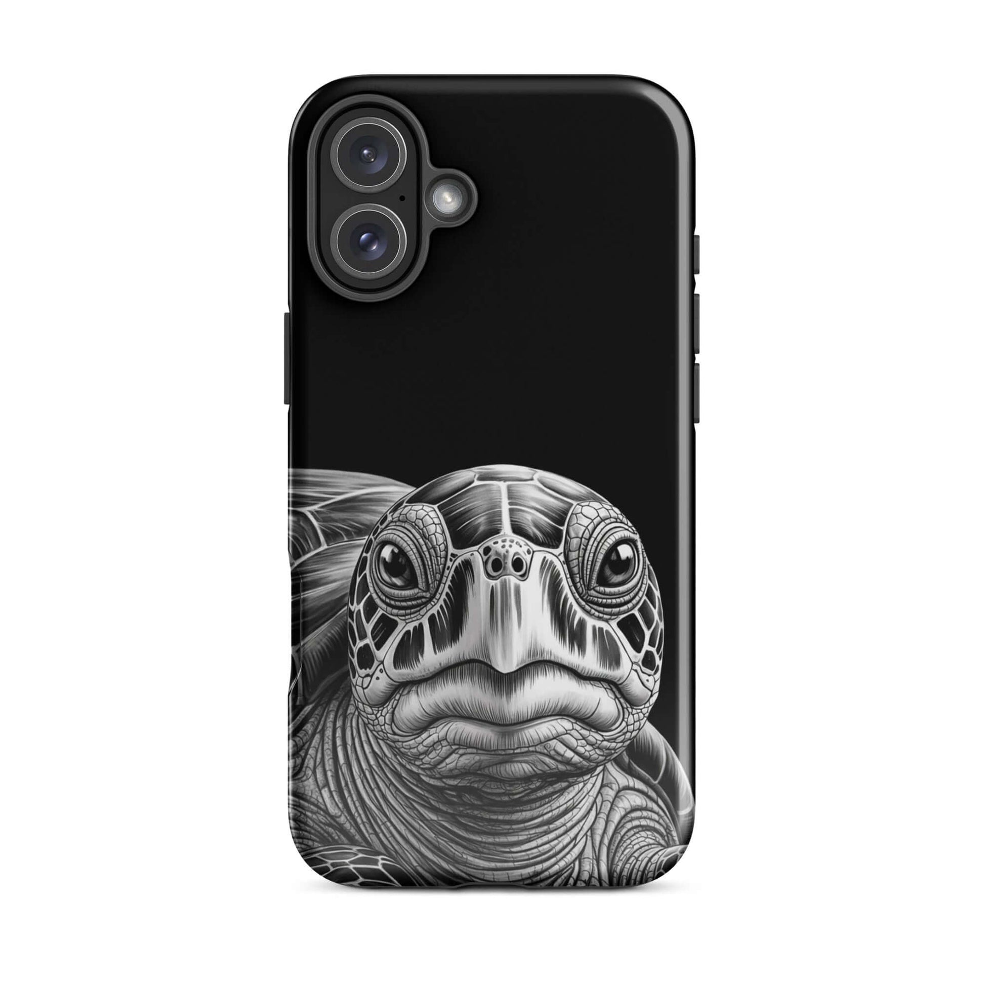Phone Case for iPhone featuring ancient sea turtle art in black and white with intricate design and soulful gaze.