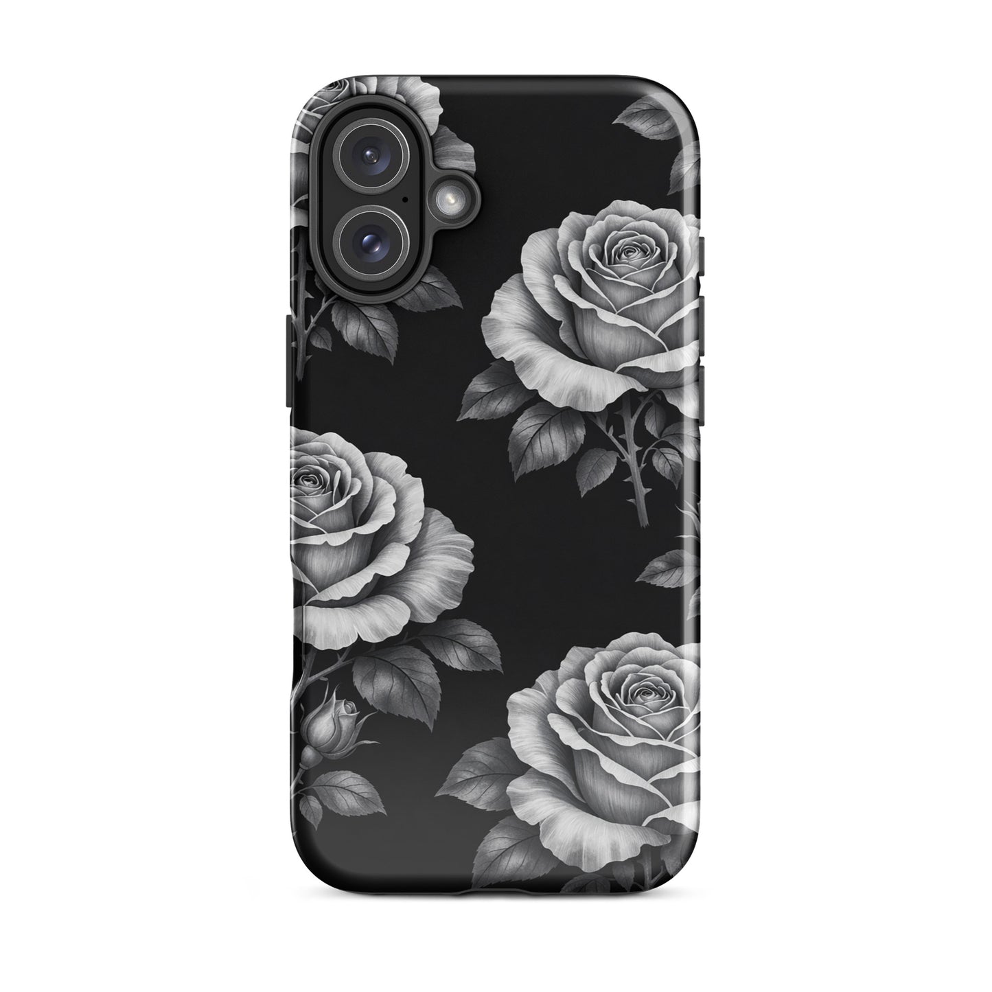 Phone Case for iPhone featuring rose garden design with black background, showcasing hand-sketched roses and lush leaves for a chic look.