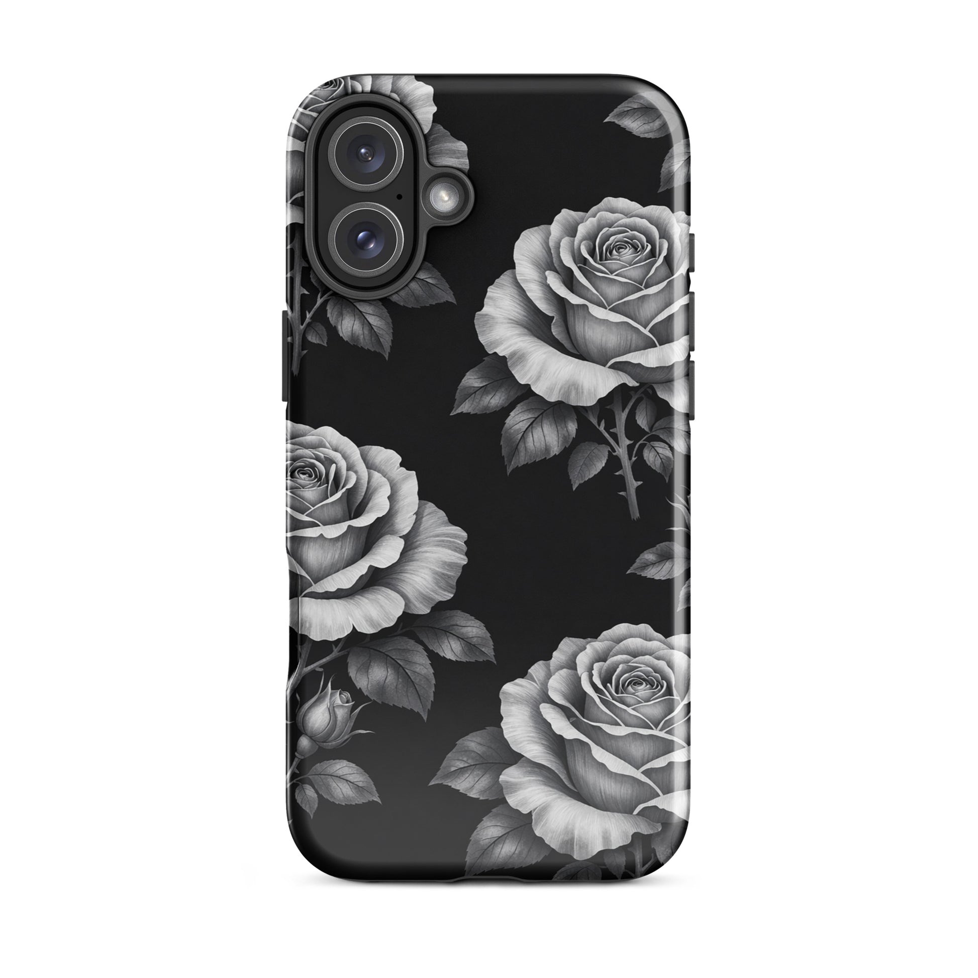 Phone Case for iPhone featuring rose garden design with black background, showcasing hand-sketched roses and lush leaves for a chic look.