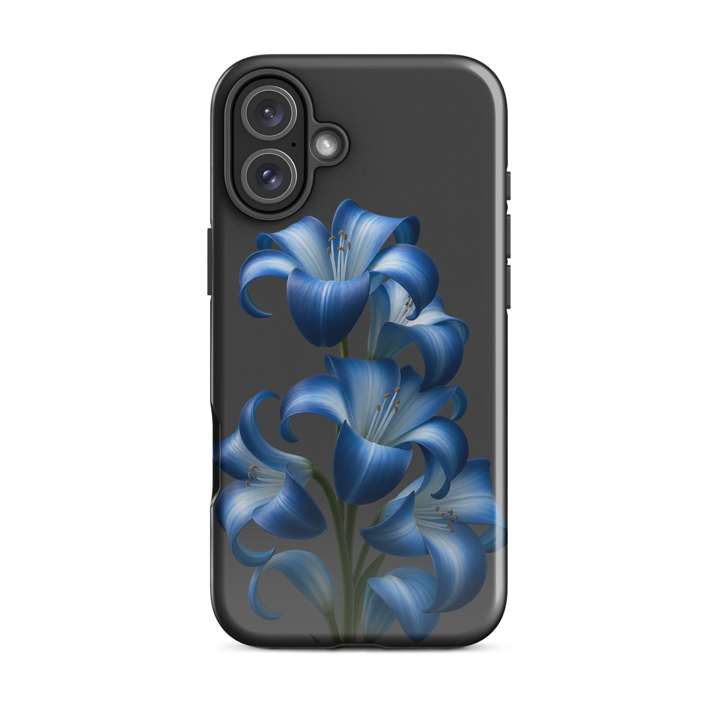 Phone Case with blue lily bloom art for iPhone in a tough finish, featuring vibrant floral design against a sleek dark backdrop.