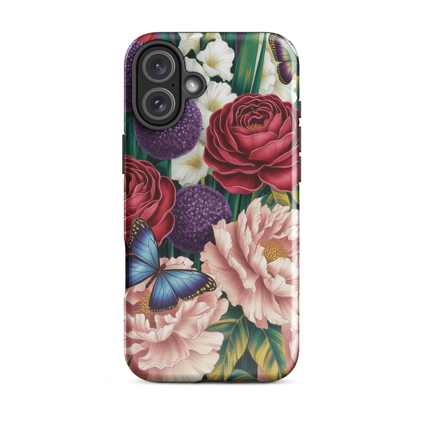 Phone Case for iPhone featuring vivid floral garden design with roses, peonies, alliums, and butterflies on lush green background.