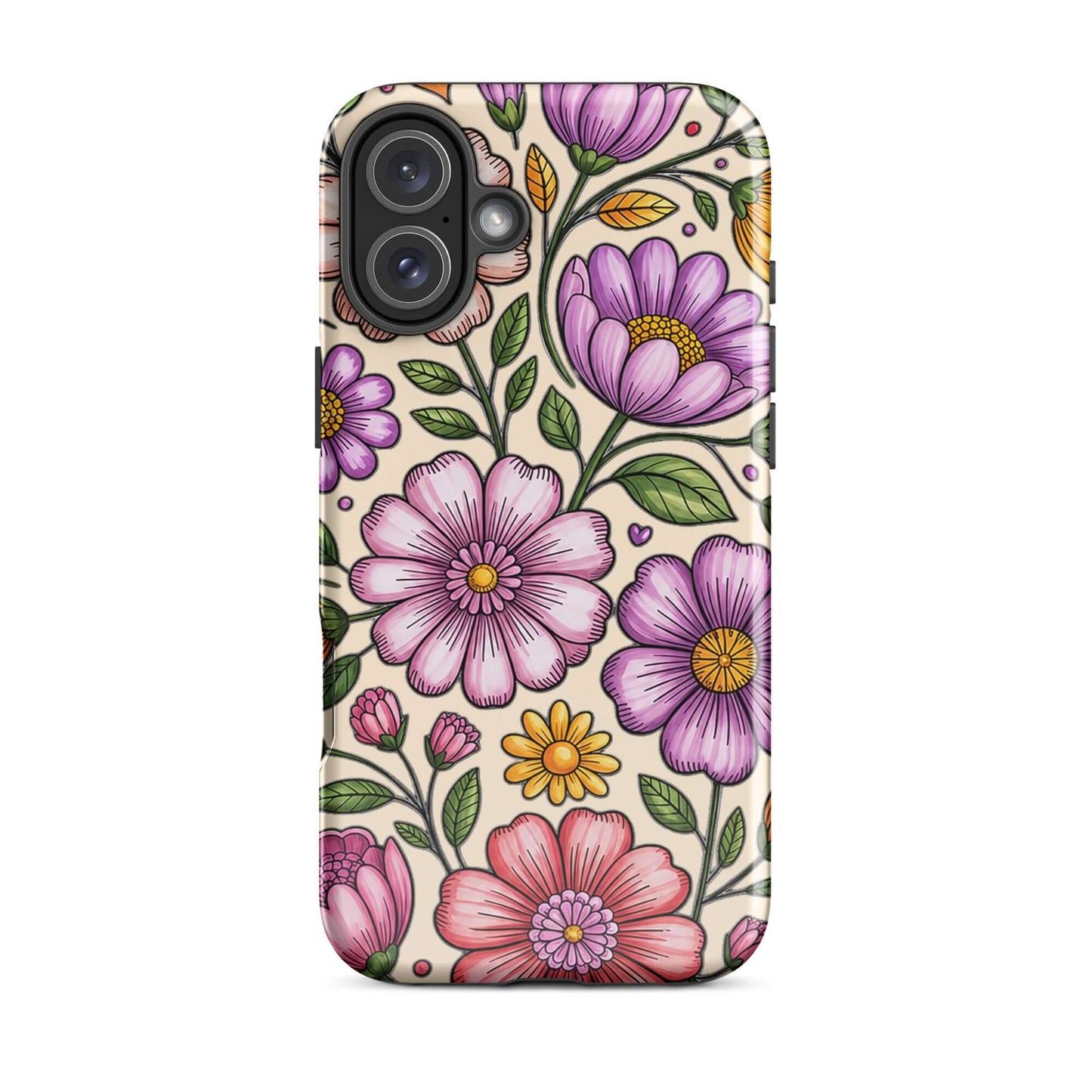 Phone Case for iPhone with pastel floral design, featuring pink, purple, yellow flowers on a durable polycarbonate shell.
